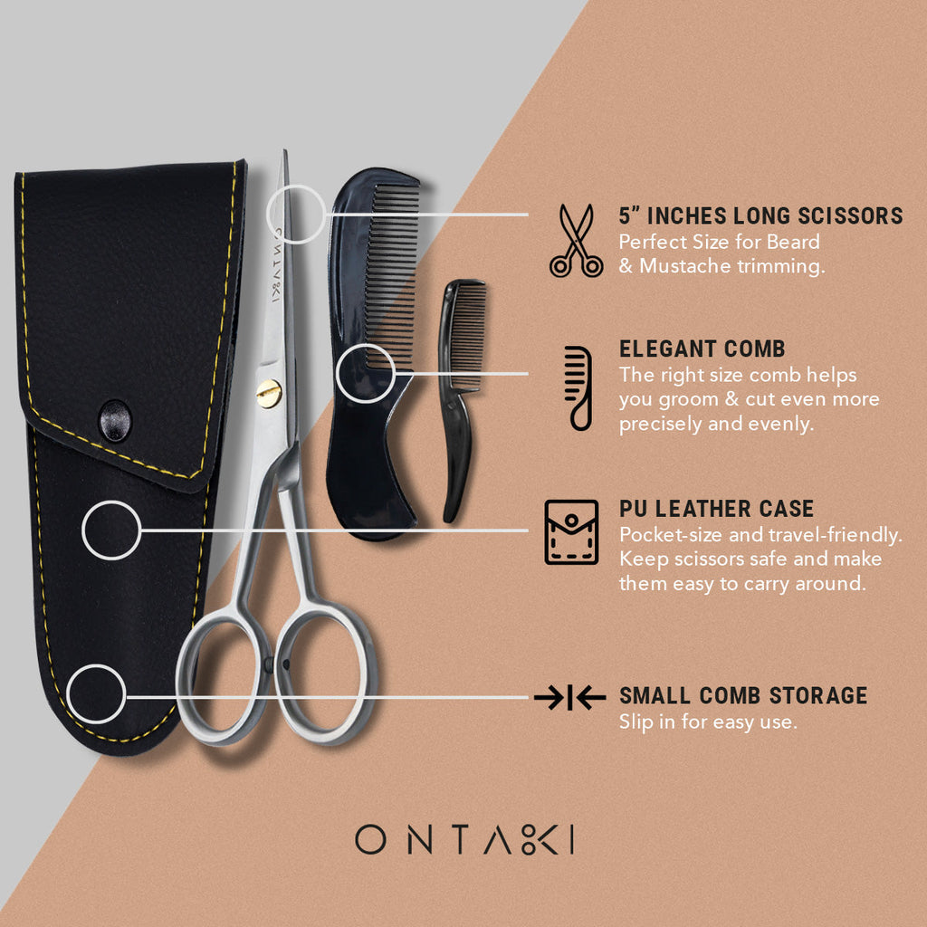 ONTAKI Professional German Steel Beard & Mustache Scissors (5") – Silver