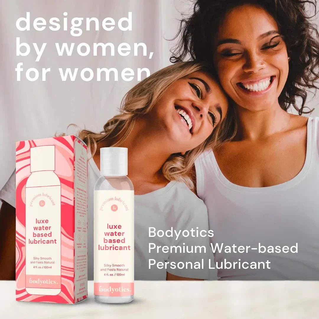 Bodyotics premium water based lubricant bottle and packaging with smiling women, designed by women for women.