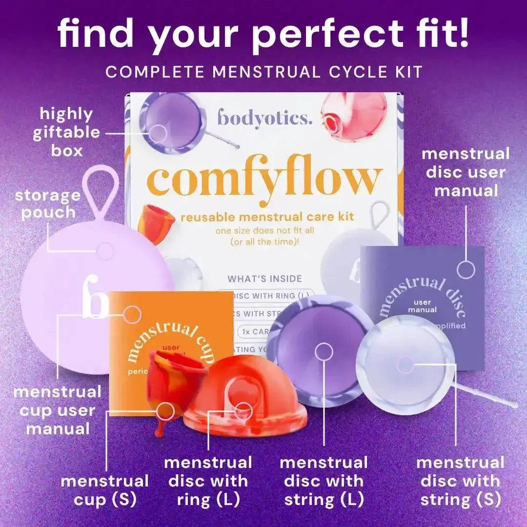 Bodyotics Comfyflow menstrual cup and disc reusable period care set with storage pouch and user manuals
