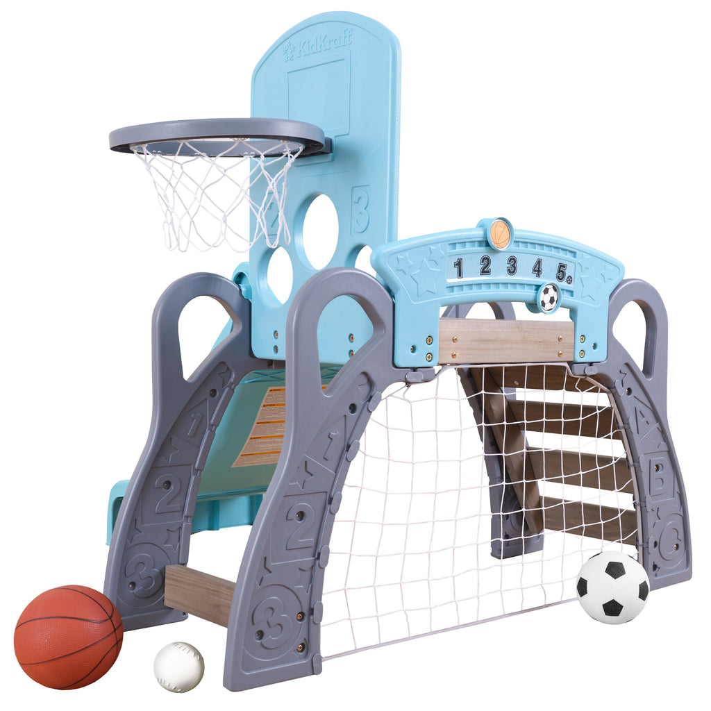 KidKraft 5 in 1 Toddler Sports Climber, Outdoor and Indoor Kids Climbing Playset with Slide, Ladder, Basketball Hoop, Soccer Goal and Baseball Target, Comes with 3 Balls, Ages 18 Months to 3 Years