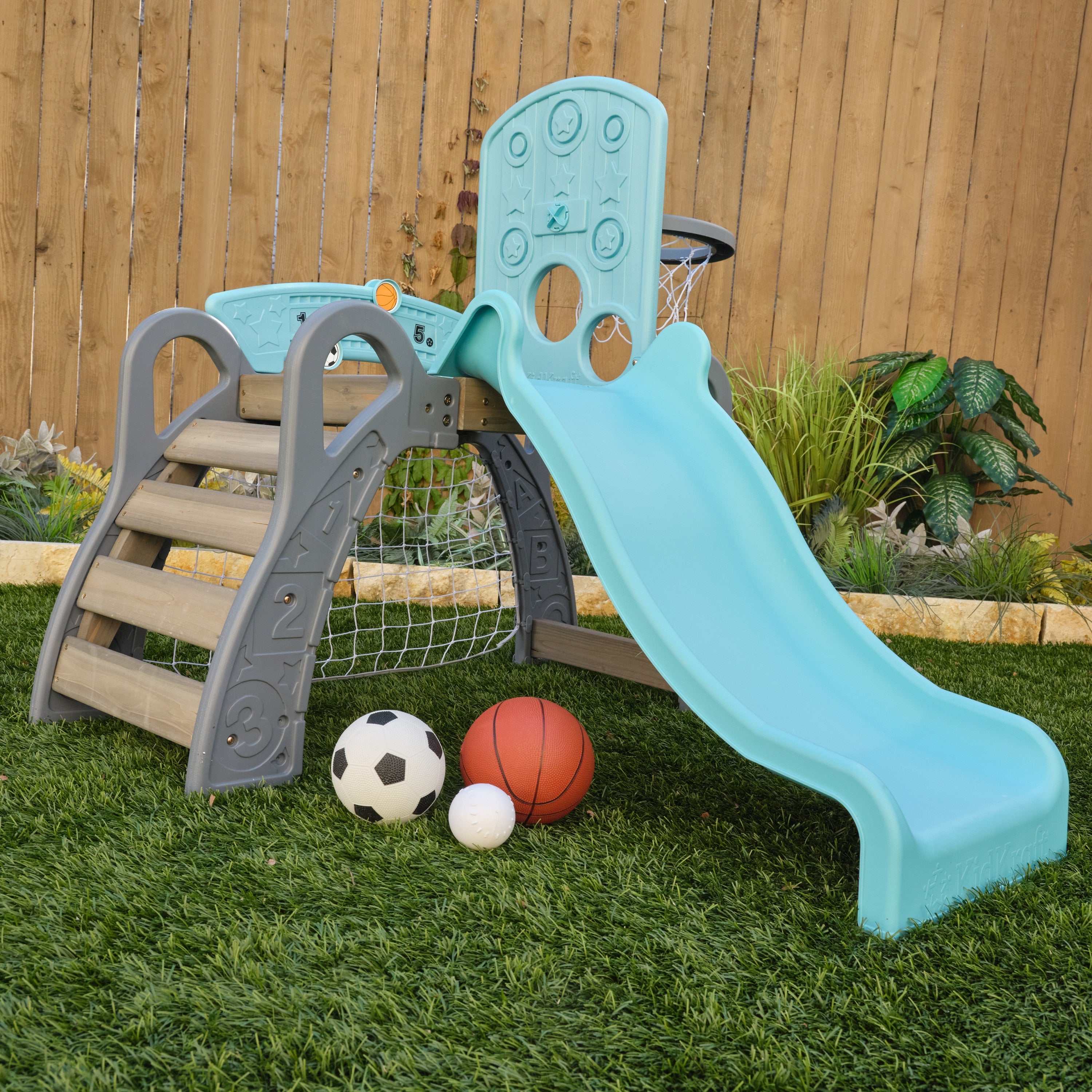 KidKraft 5 in 1 Toddler Sports Climber, Outdoor and Indoor Kids Climbing Playset with Slide, Ladder, Basketball Hoop, Soccer Goal and Baseball Target, Comes with 3 Balls, Ages 18 Months to 3 Years