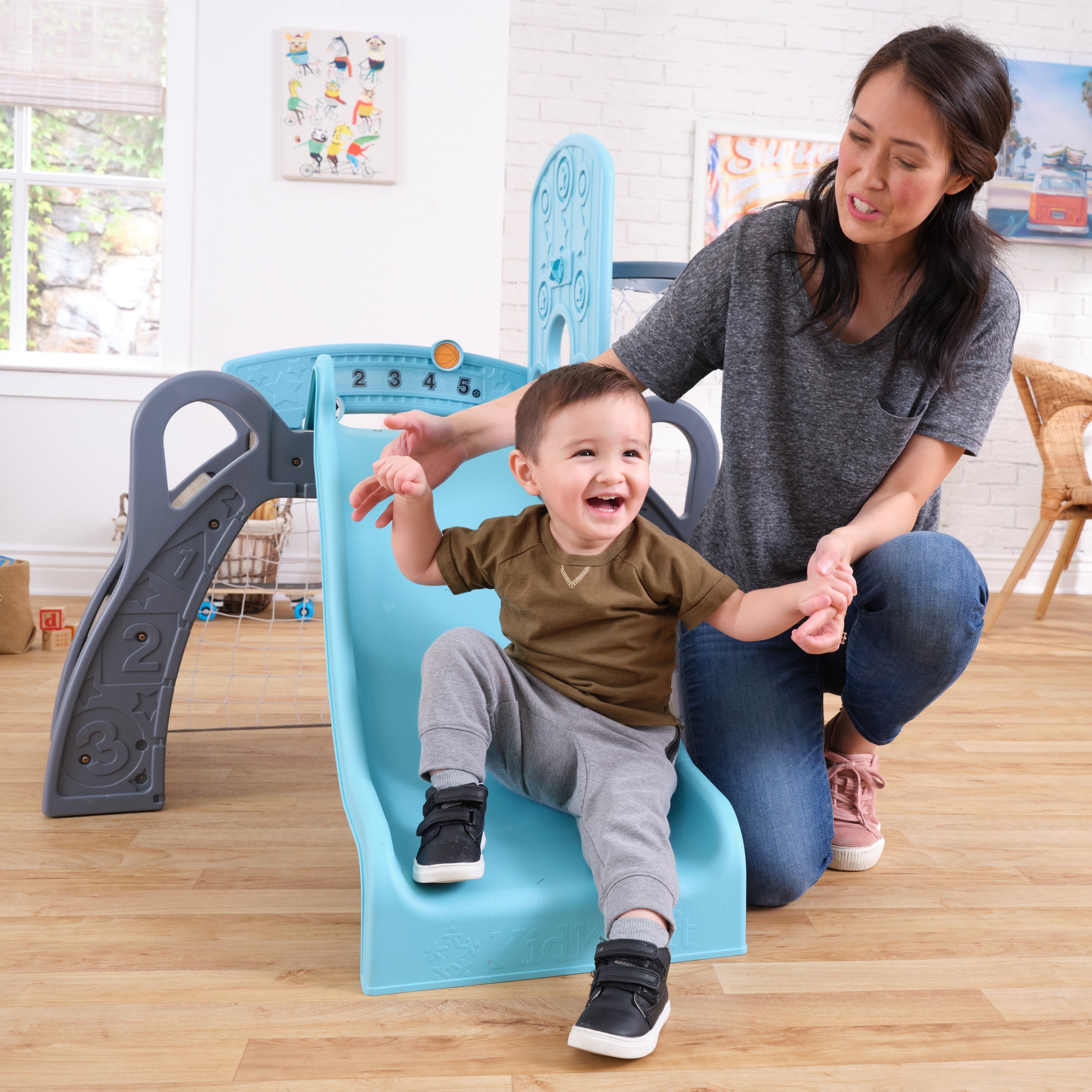 KidKraft 5 in 1 Toddler Sports Climber, Outdoor and Indoor Kids Climbing Playset with Slide, Ladder, Basketball Hoop, Soccer Goal and Baseball Target, Comes with 3 Balls, Ages 18 Months to 3 Years