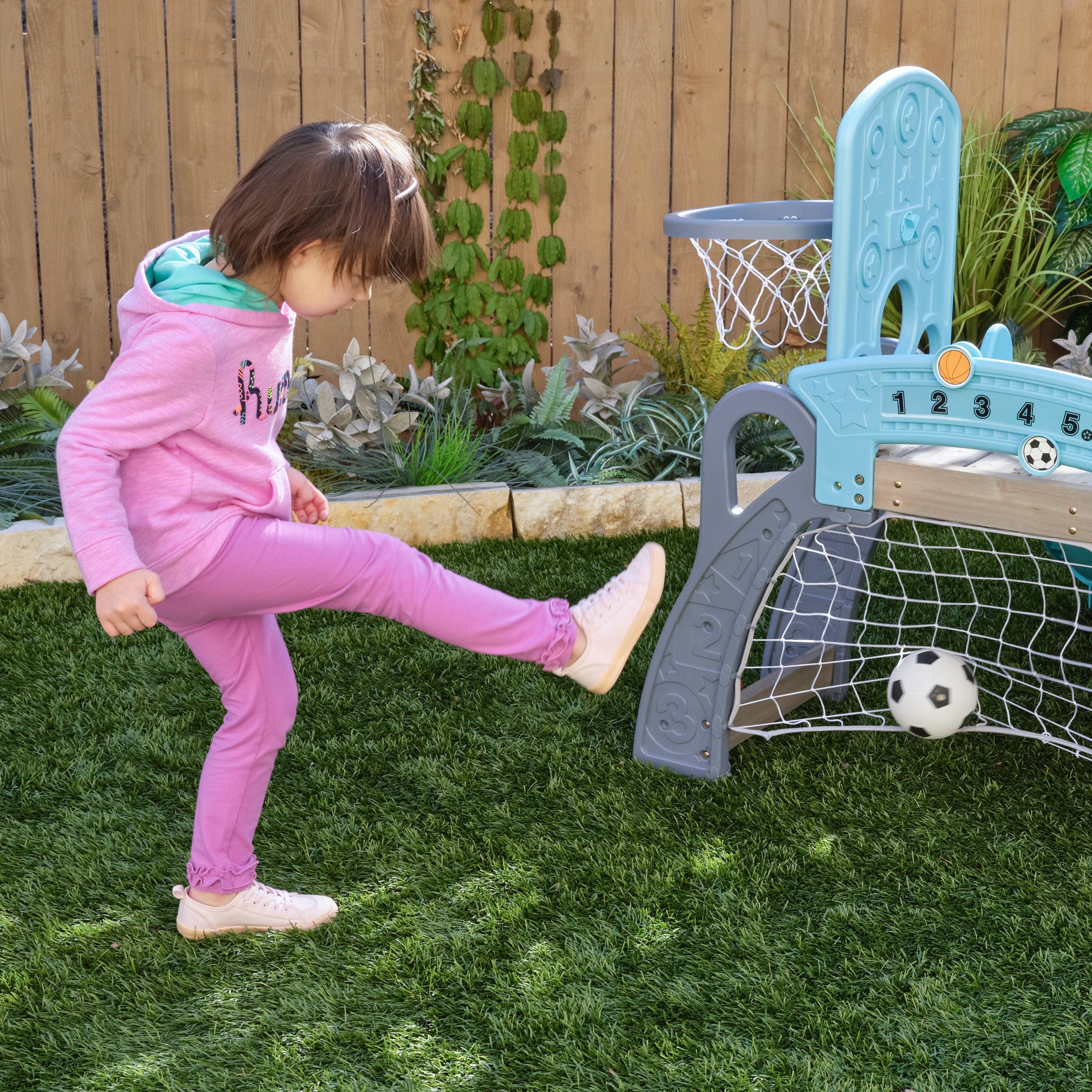 KidKraft 5 in 1 Toddler Sports Climber, Outdoor and Indoor Kids Climbing Playset with Slide, Ladder, Basketball Hoop, Soccer Goal and Baseball Target, Comes with 3 Balls, Ages 18 Months to 3 Years