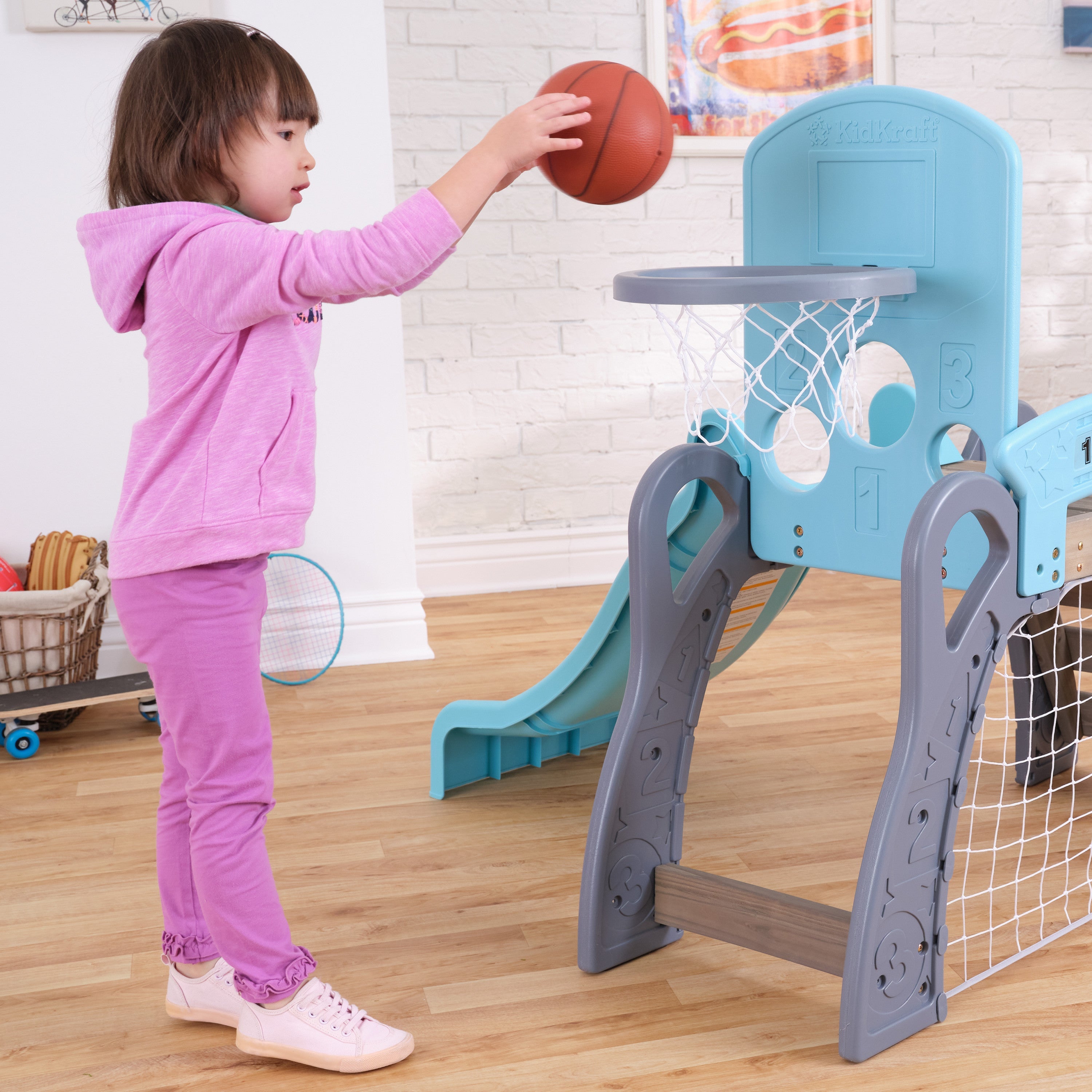 KidKraft 5 in 1 Toddler Sports Climber, Outdoor and Indoor Kids Climbing Playset with Slide, Ladder, Basketball Hoop, Soccer Goal and Baseball Target, Comes with 3 Balls, Ages 18 Months to 3 Years