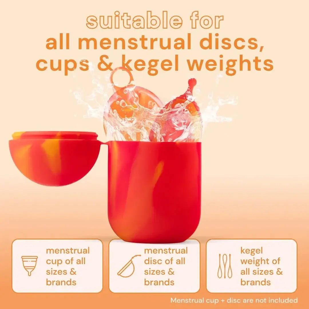 Red and orange Bodyotics Comfycase menstrual cup sterilizer with splash of water, designed for all menstrual discs, cups, and kegel weights.