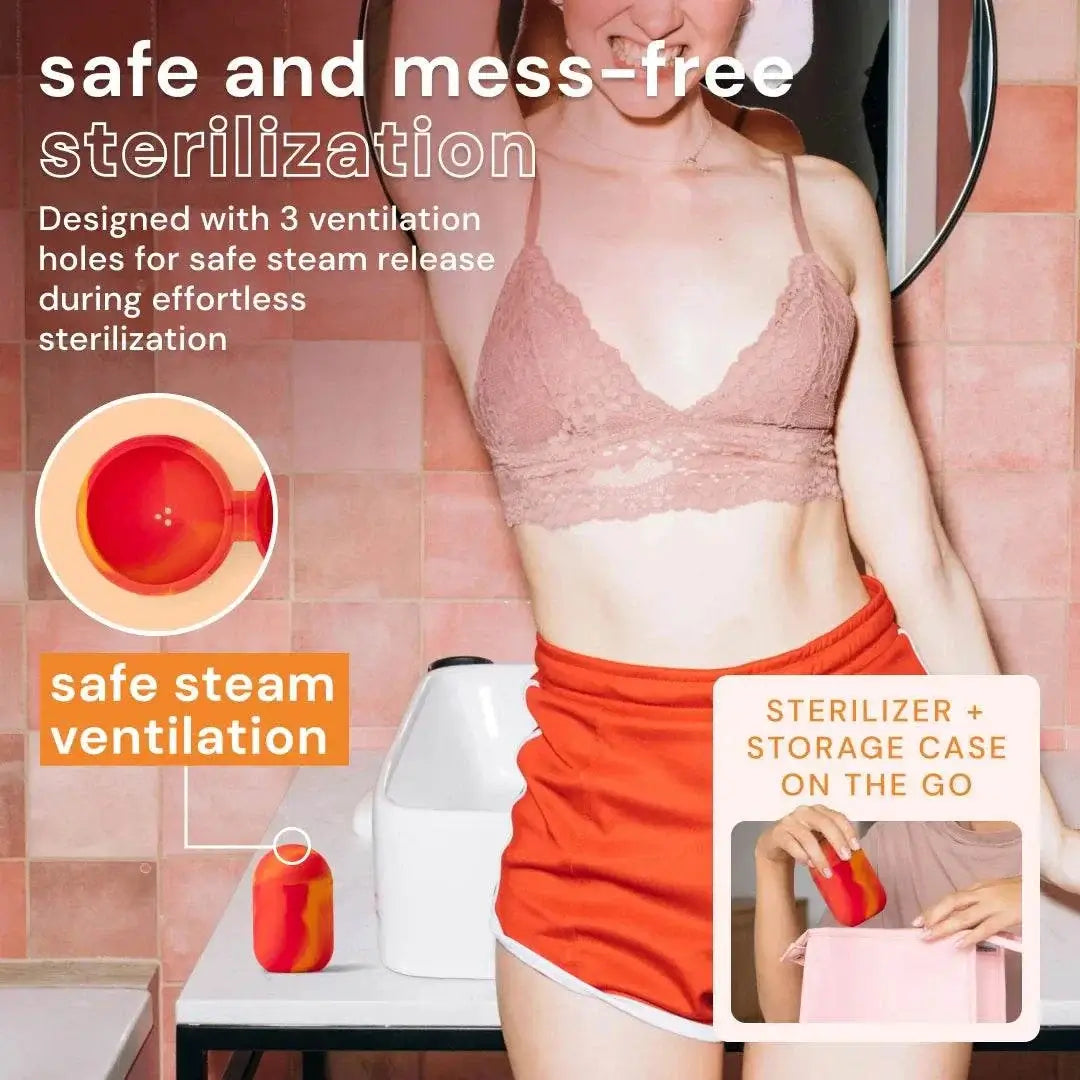 Bodyotics Comfycase menstrual cup sterilizer featuring safe steam ventilation, compact design, and storage case for mess-free cleaning and travel use.