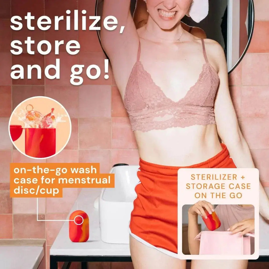 Woman holding red and orange sterilizer and storage case for reusable period disc and menstrual cup, with text emphasizing on-the-go sterilizing and storage.
