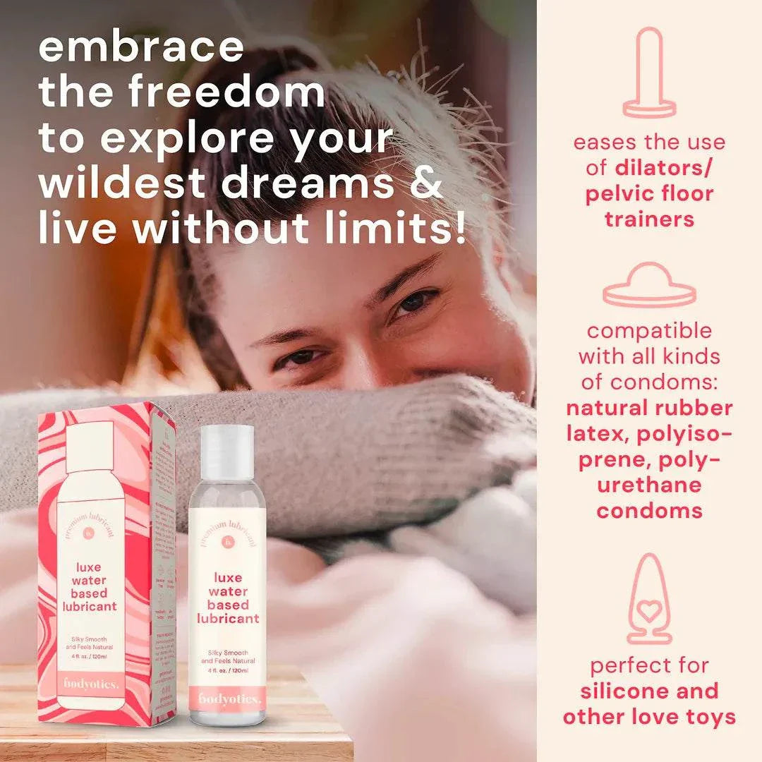 Bodyotics 4oz water based lubricant, compatible with pelvic floor trainers, condoms, and silicone toys, for natural feel and easy clean-up.