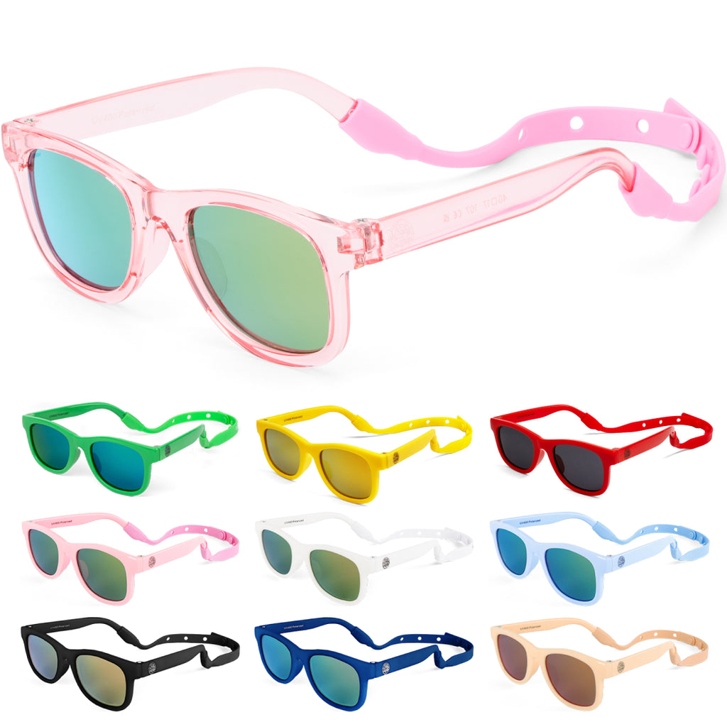 BABY SUNNIES Polarized Baby Sunglasses - Transparent Pink, 0-24 Months - UV400 Polarized Toddler Sunglasses - Adjustable Strap Infant Essentials - Unbreakable Flexible Baby Beach Essentials