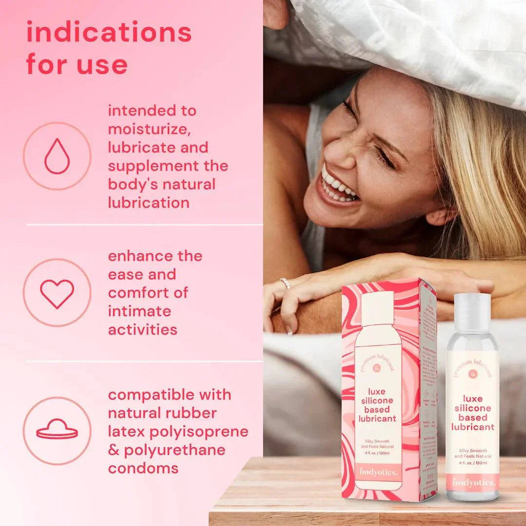 Bodyotics Premium Silicone Based Lubricant 4oz bottle and packaging with usage indications and smiling woman on bed