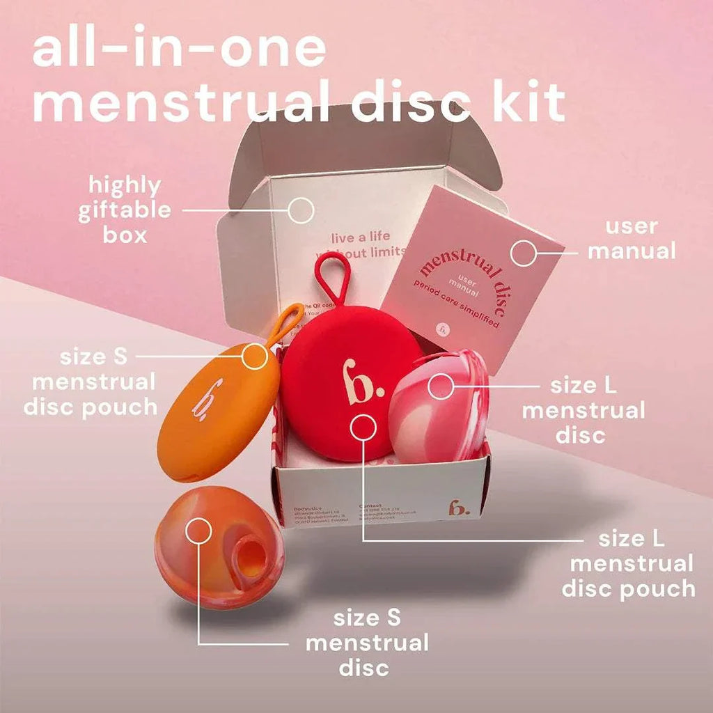 Bodyotics Comfydisc reusable menstrual disc kit with two sizes, pouches, user manual, and gift box for leak-free period protection.