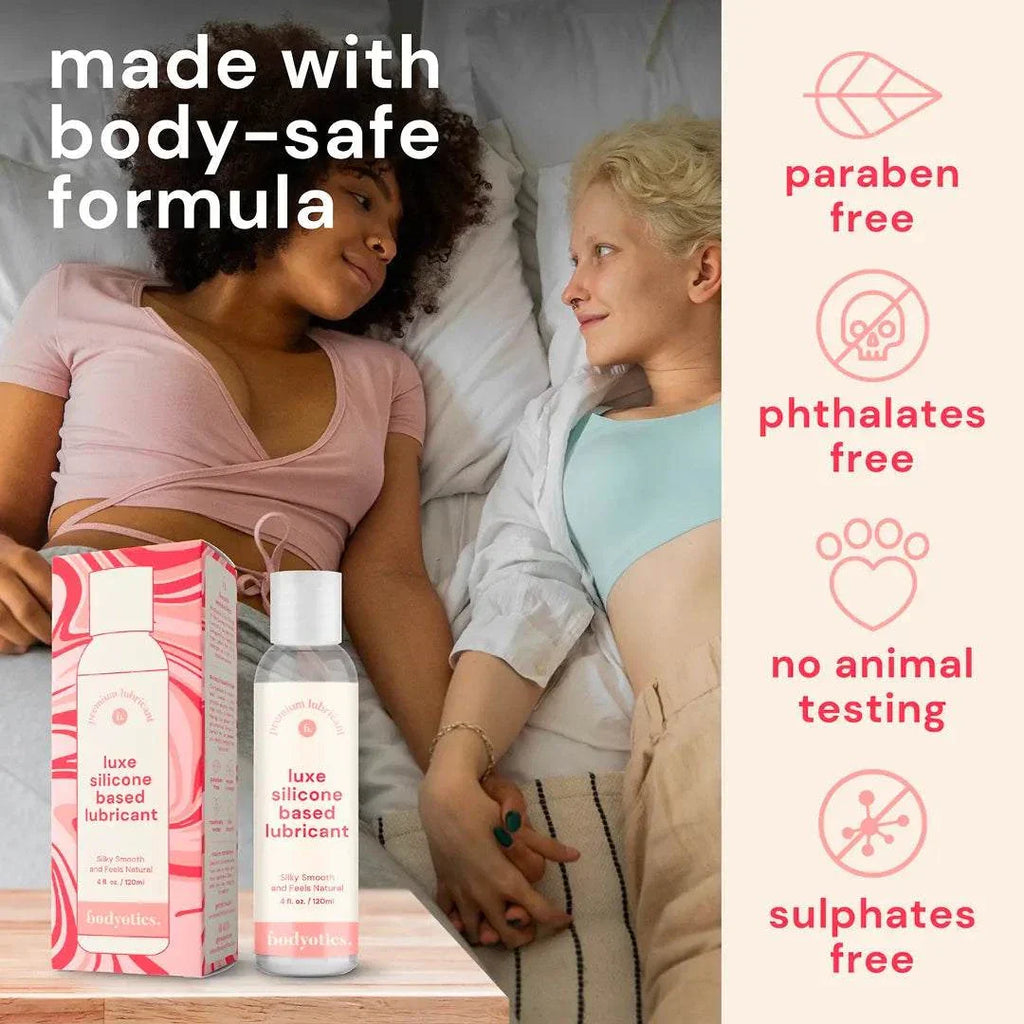 Bodyotics premium silicone based lubricant in 4oz bottle with body-safe, paraben-free, phthalates-free, and cruelty-free formula.