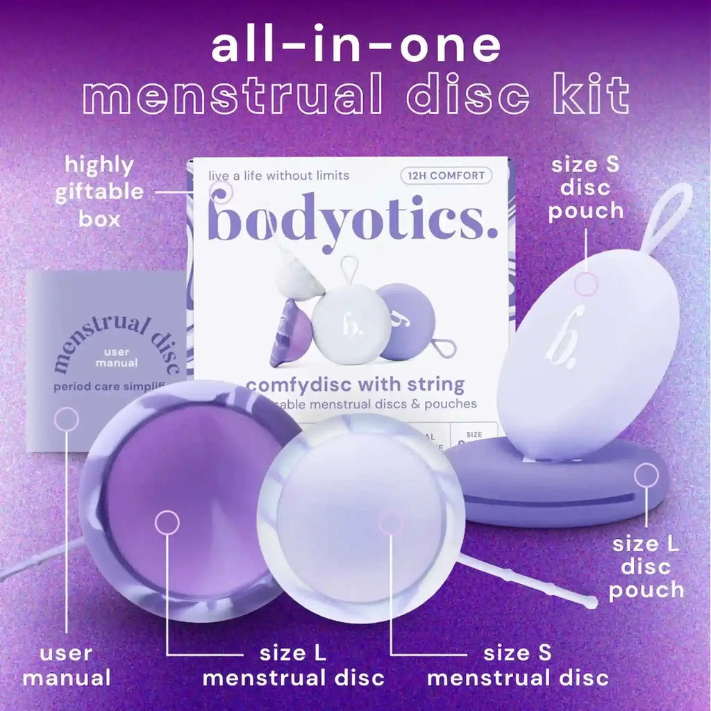 Bodyotics Comfydisc reusable menstrual disc kit with size S and L discs and pouches for eco-friendly, leak-free period protection.