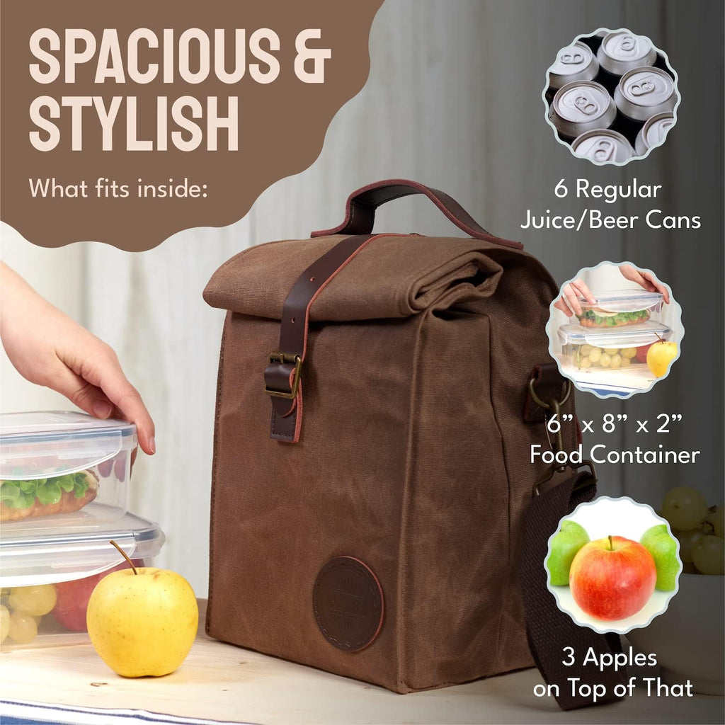ASEBBO Isolerad vaxad canvas lunchväska – 10L (2,6 Gal) termoväska med justerbar 150 cm rem, tålig återanvändbar arbetslunchväska för män & kvinnor, vattenavvisande, 4+ timmars isolering