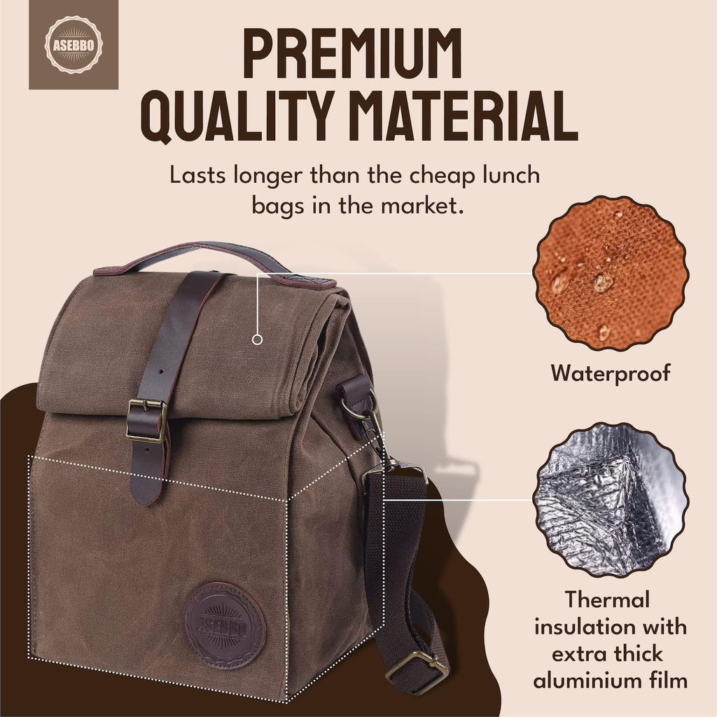ASEBBO Isolerad vaxad canvas lunchväska – 10L (2,6 Gal) termoväska med justerbar 150 cm rem, tålig återanvändbar arbetslunchväska för män & kvinnor, vattenavvisande, 4+ timmars isolering