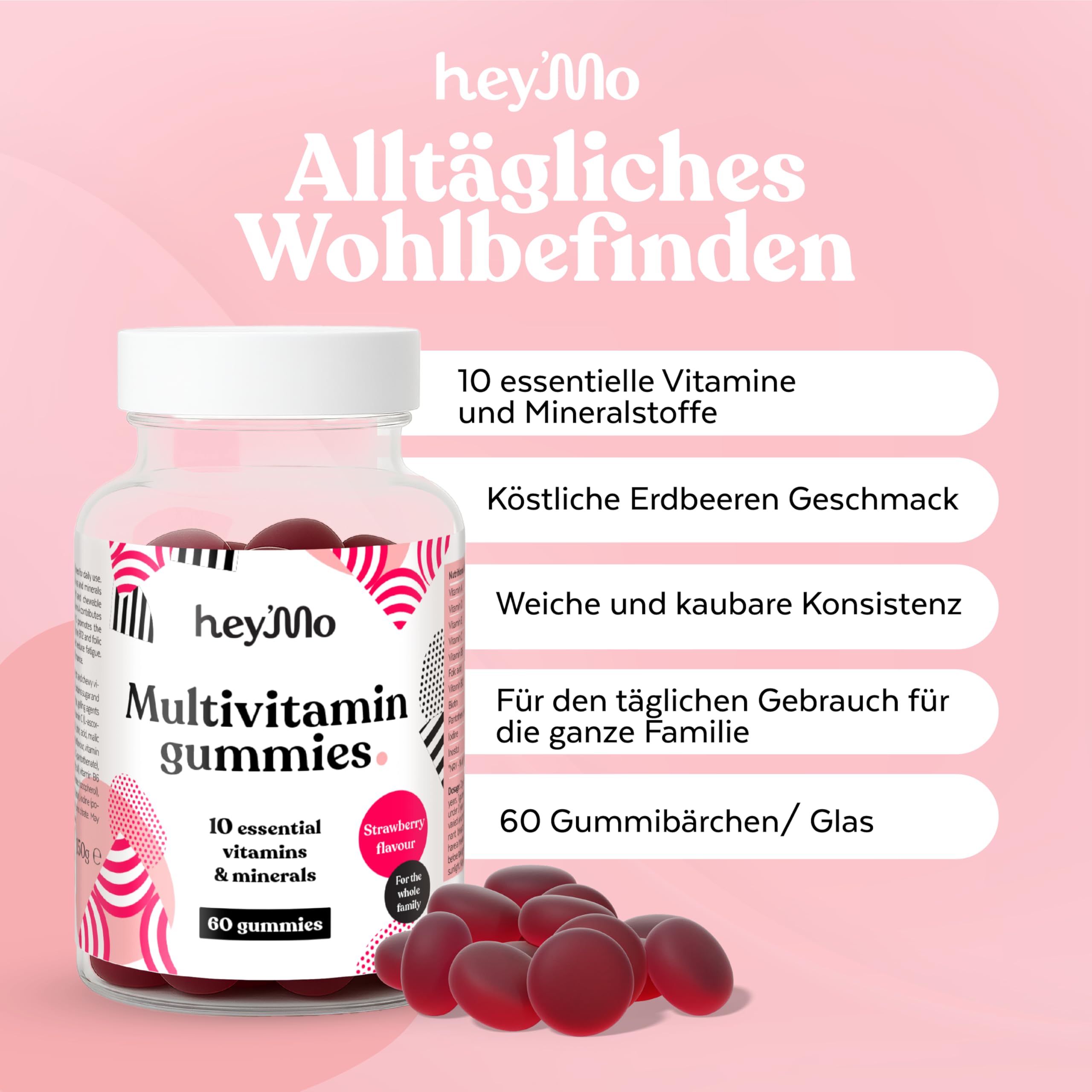 hey'Mo Multivitamin Gummies, Strawberry — 60 Pieces | Vitamin D, C, B12 & Zinc