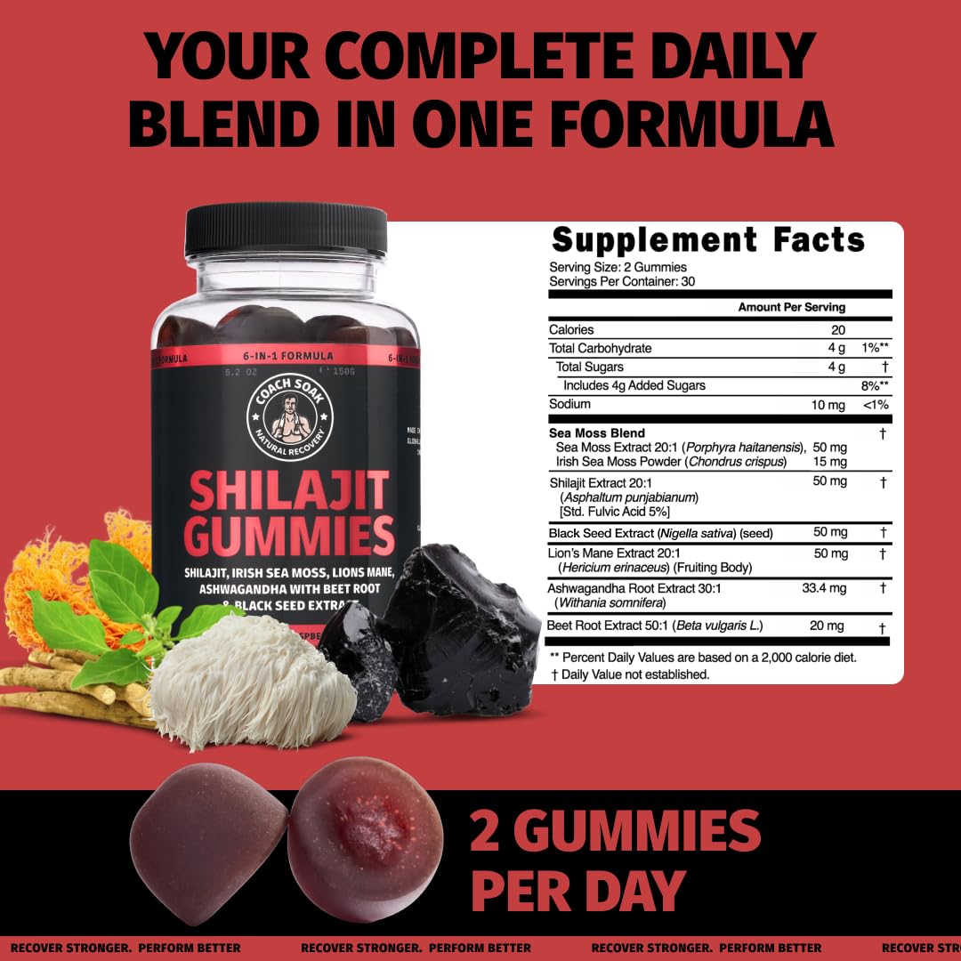 Coach Soak 6-in-1 Gummikomplex - Shilajit, Ashwagandha, Lions Mane, Sea Moss, Schwarzkümmel, Rote Bete - 60 Stück - Himbeer-Wassermelone