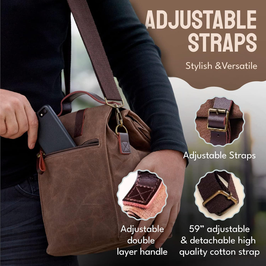 ASEBBO Isolerad vaxad canvas lunchväska – 10L (2,6 Gal) termoväska med justerbar 150 cm rem, tålig återanvändbar arbetslunchväska för män & kvinnor, vattenavvisande, 4+ timmars isolering
