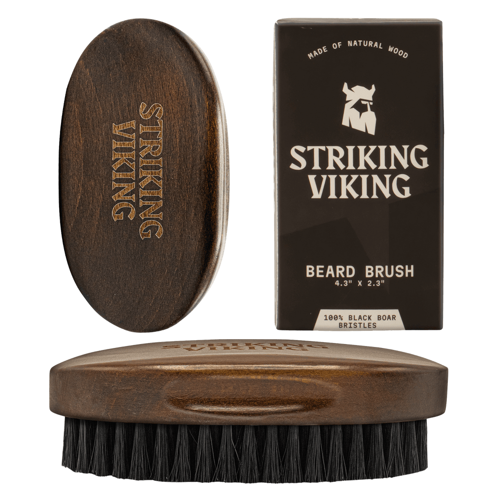 Striking Viking beard brush with natural boar bristles and durable beech wood handle for grooming and taming frizz