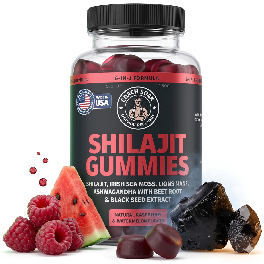Coach Soak 6-in-1 Gummikomplex - Shilajit, Ashwagandha, Lions Mane, Sea Moss, Schwarzkümmel, Rote Bete - 60 Stück - Himbeer-Wassermelone