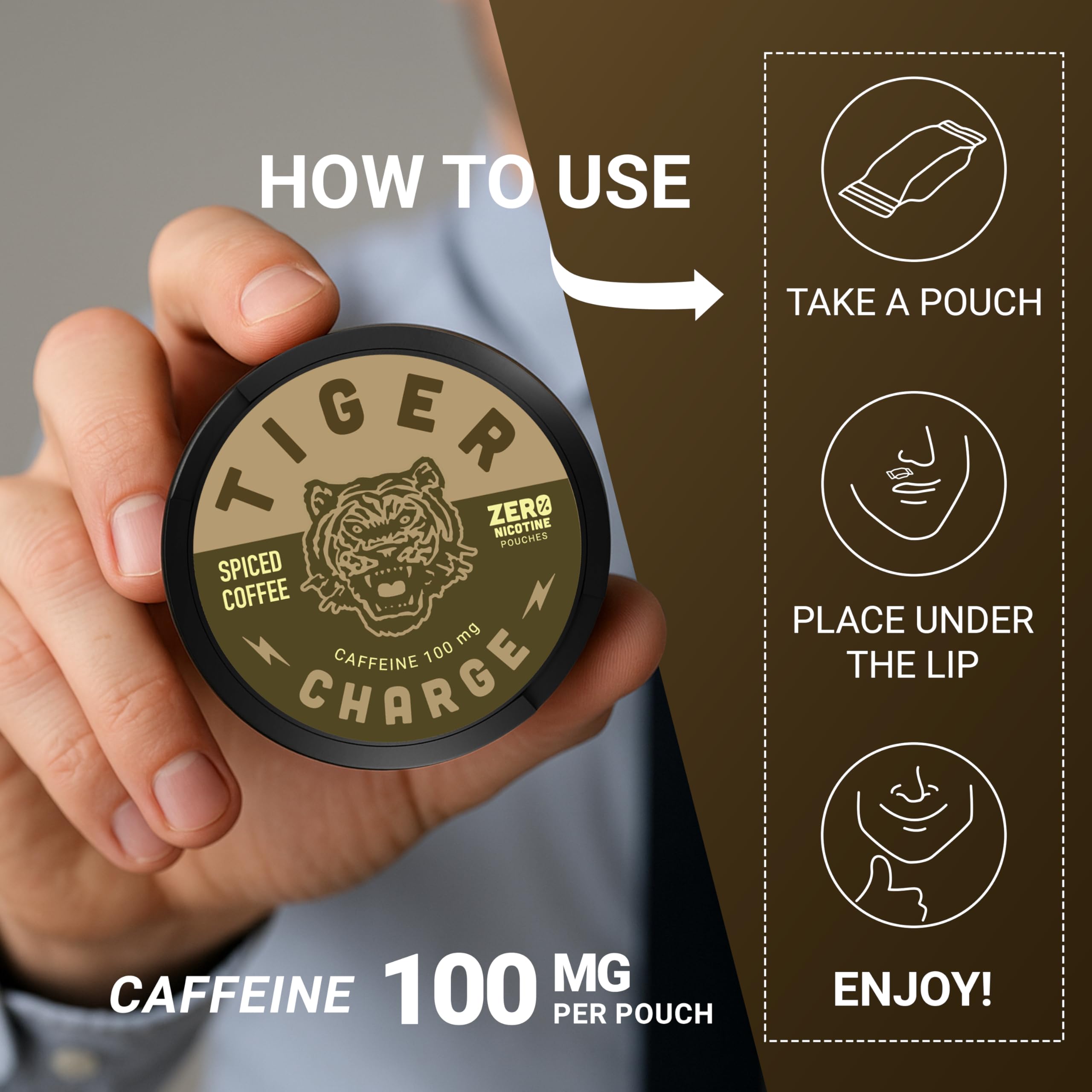 Tiger Charge Spiced Coffee Caffeine Pouches, 100mg Caffeine per Pouch, Sugar-Free Oral Energy Supplement, Portable Coffee-Flavored Energy Boost, 5-Pack
