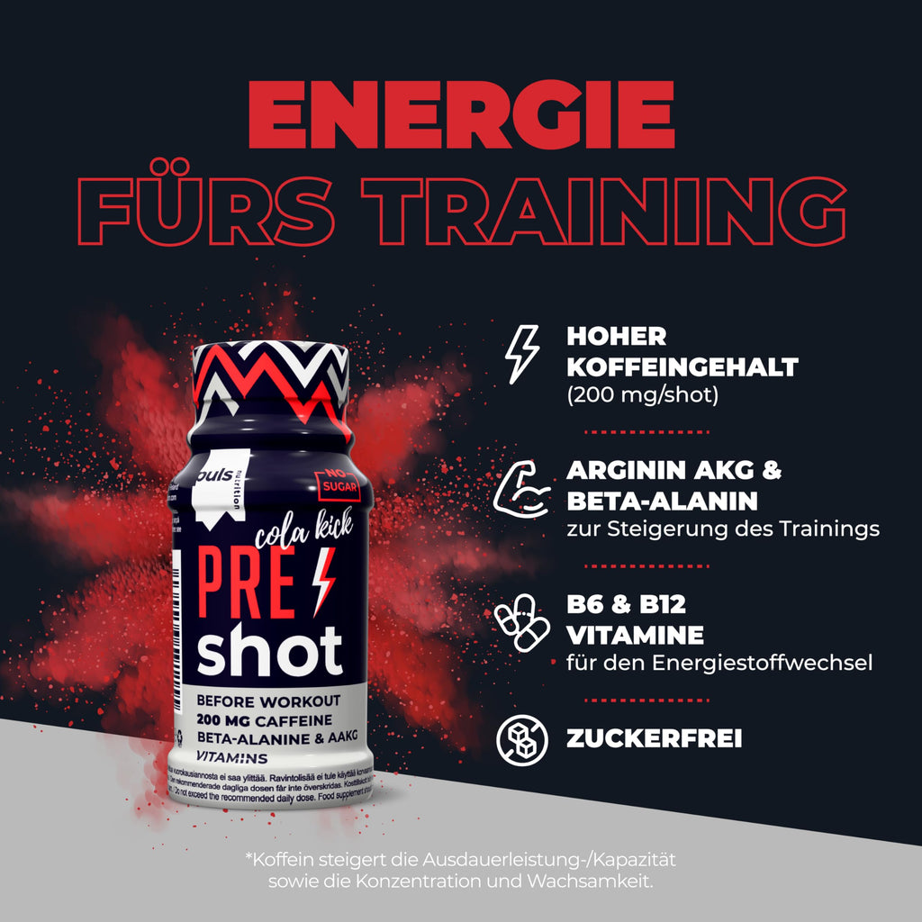 PULS Pre Workout Shot Cola Kick — 12 × 60 ml | 200mg Caffeine, Beta-Alanine, Arginine AKG & B-Vitamins