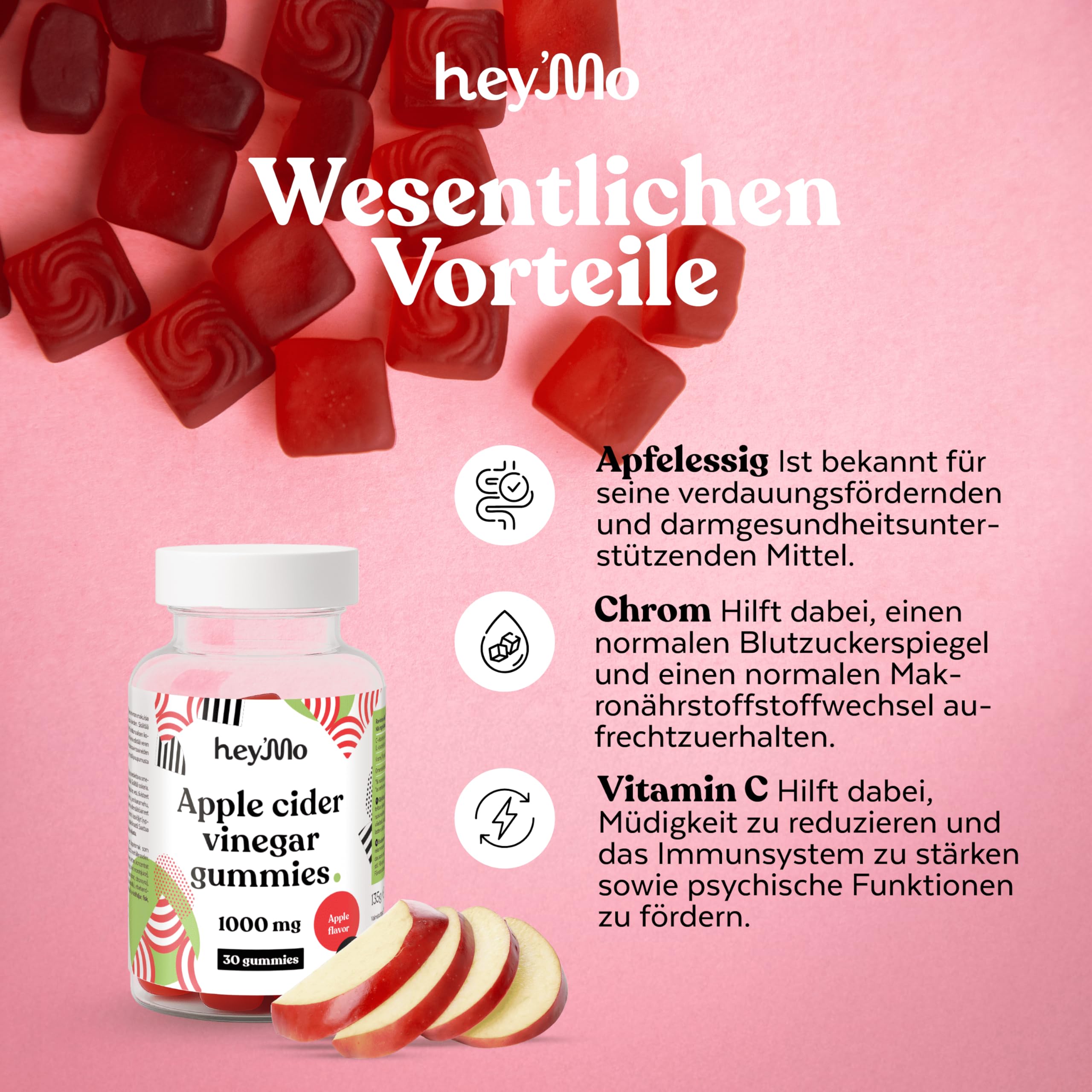 hey'Mo Apple Cider Vinegar Gummies, Apple — 30 Pieces | 1000mg ACV, Vitamin C
