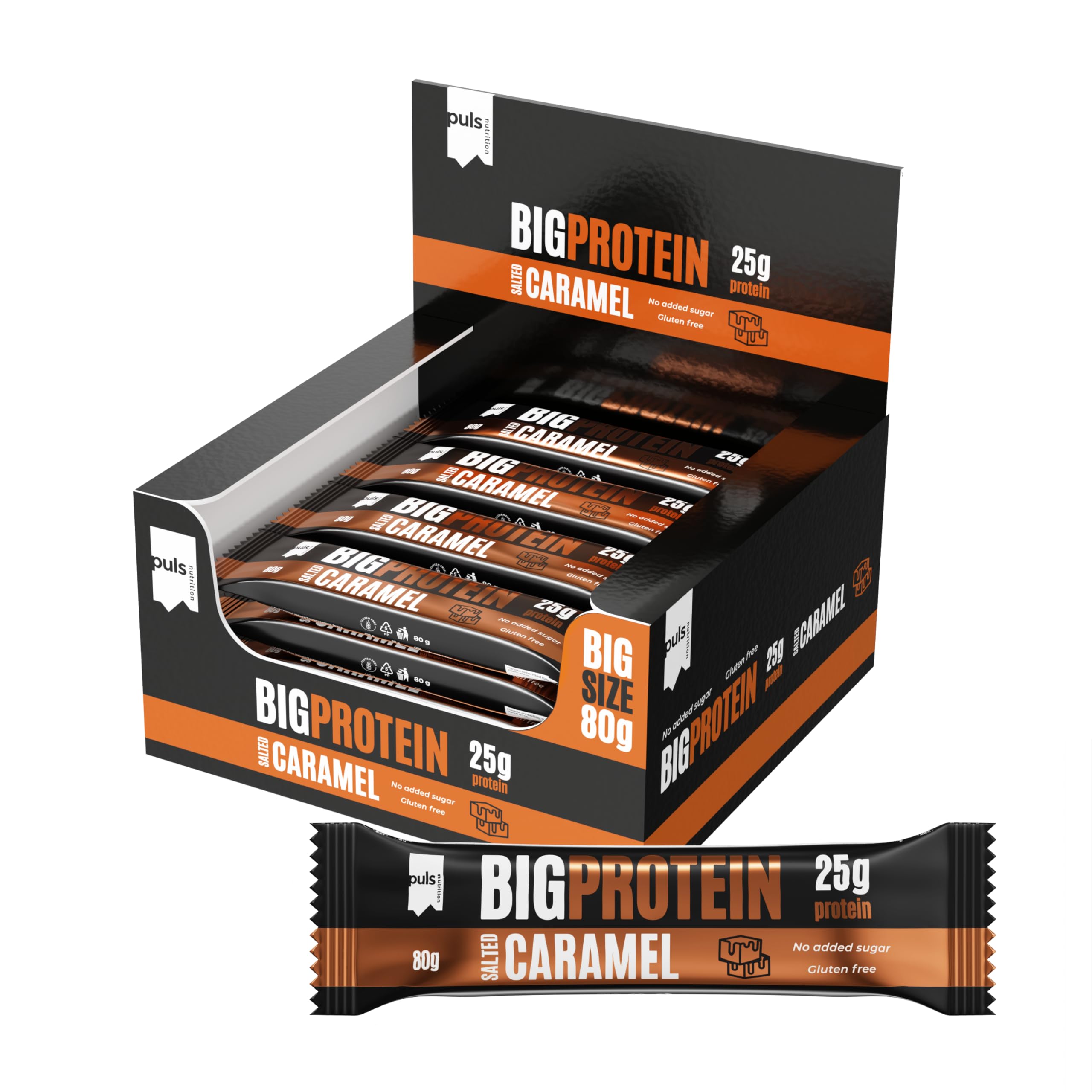 PULS NUTRITION Big Protein Bar Salted Caramel — 12 × 80g | 25g Protein, No Added Sugar, Gluten-Free