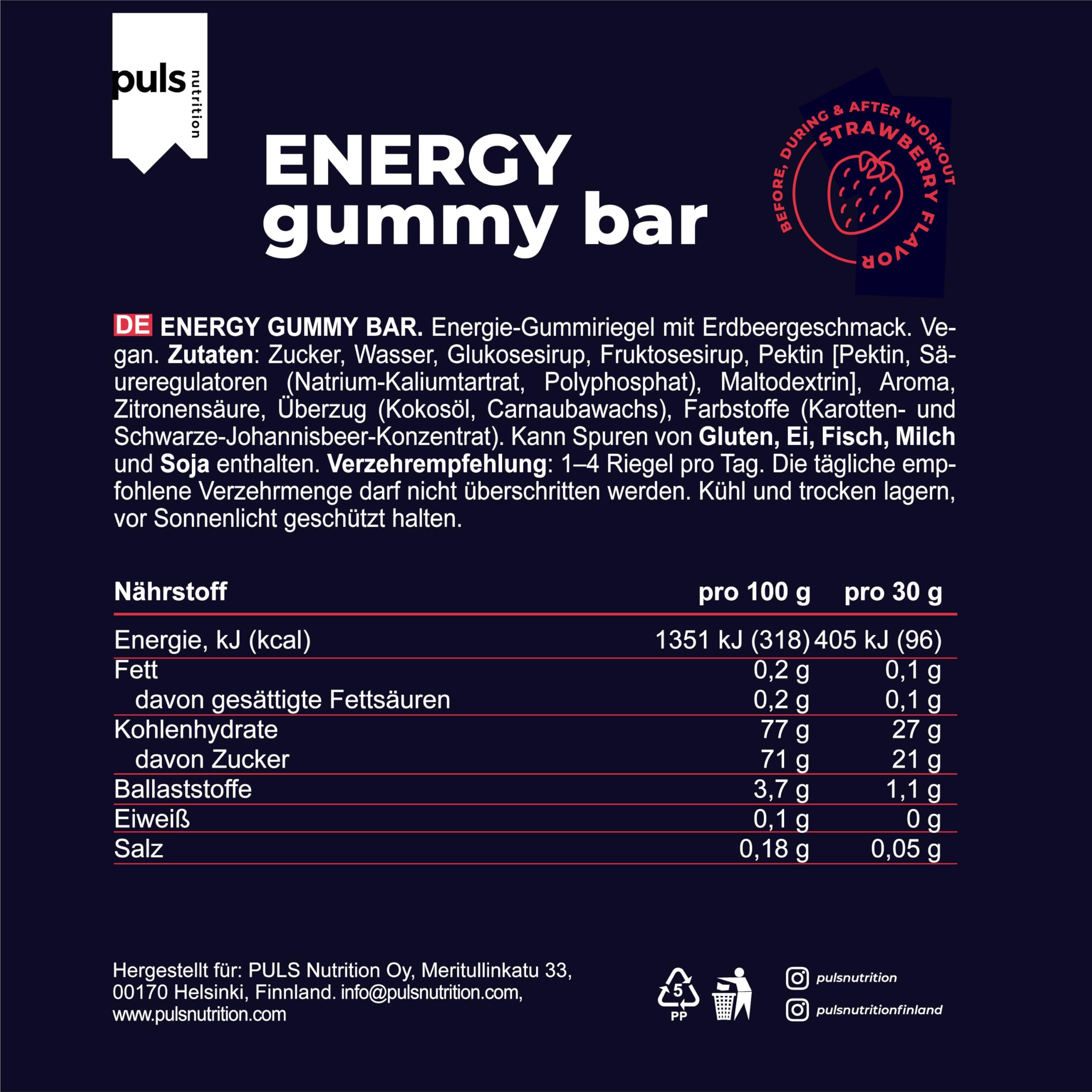 PULS Nutrition Energy Gummy Bar Strawberry — 12 × 30g | 23g Carbohydrates per Bar