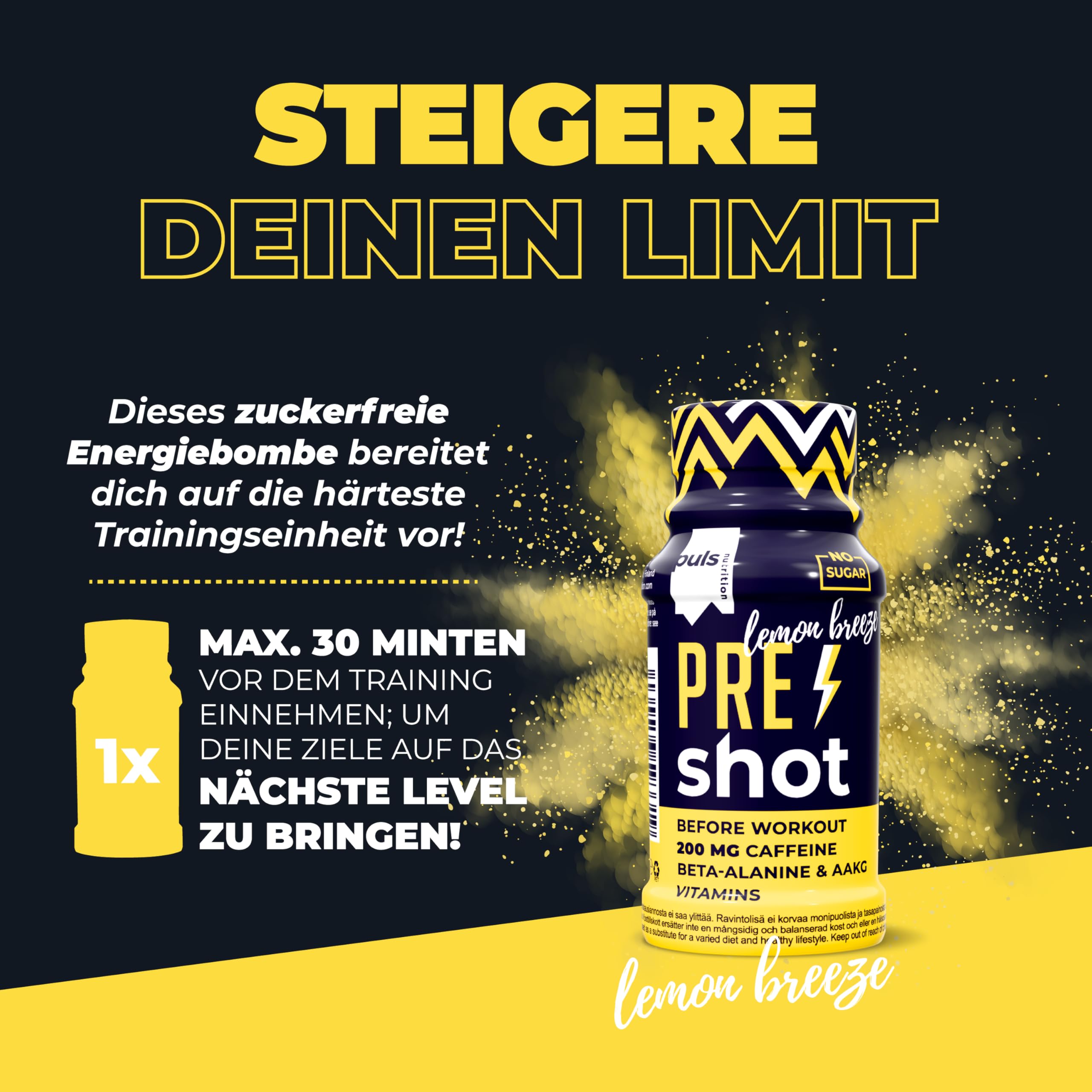PULS Pre Workout Shot Lemon Breeze — 12 × 60 ml | 200mg Caffeine, Beta-Alanine, Arginine AKG & B-Vitamins