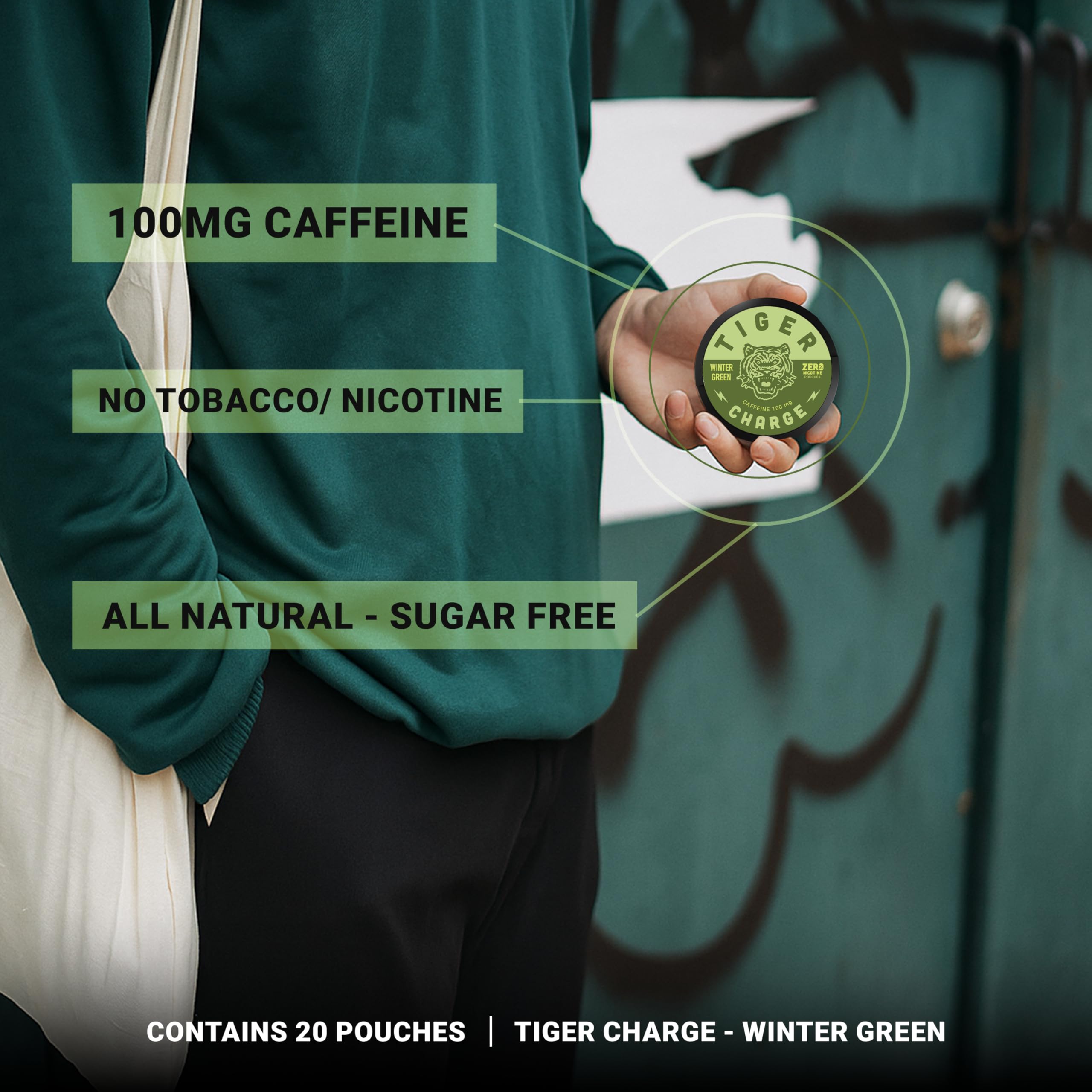 Tiger Charge Wintergreen Caffeine Pouches, 100mg Caffeine per Pouch, Sugar-Free Oral Energy Supplement, Cool Mint Flavor, Portable Energy Boost, 5-Pack