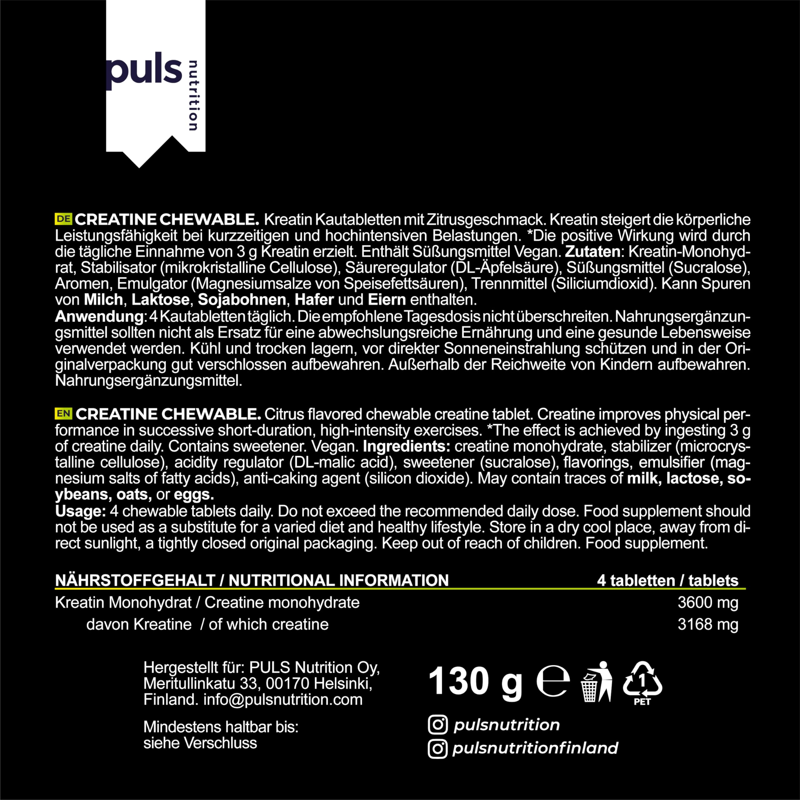 PULS Nutrition Creatine Chewable Citrus — 100 Tablets | 3600mg Creatine Monohydrate, Creapure, Vegan