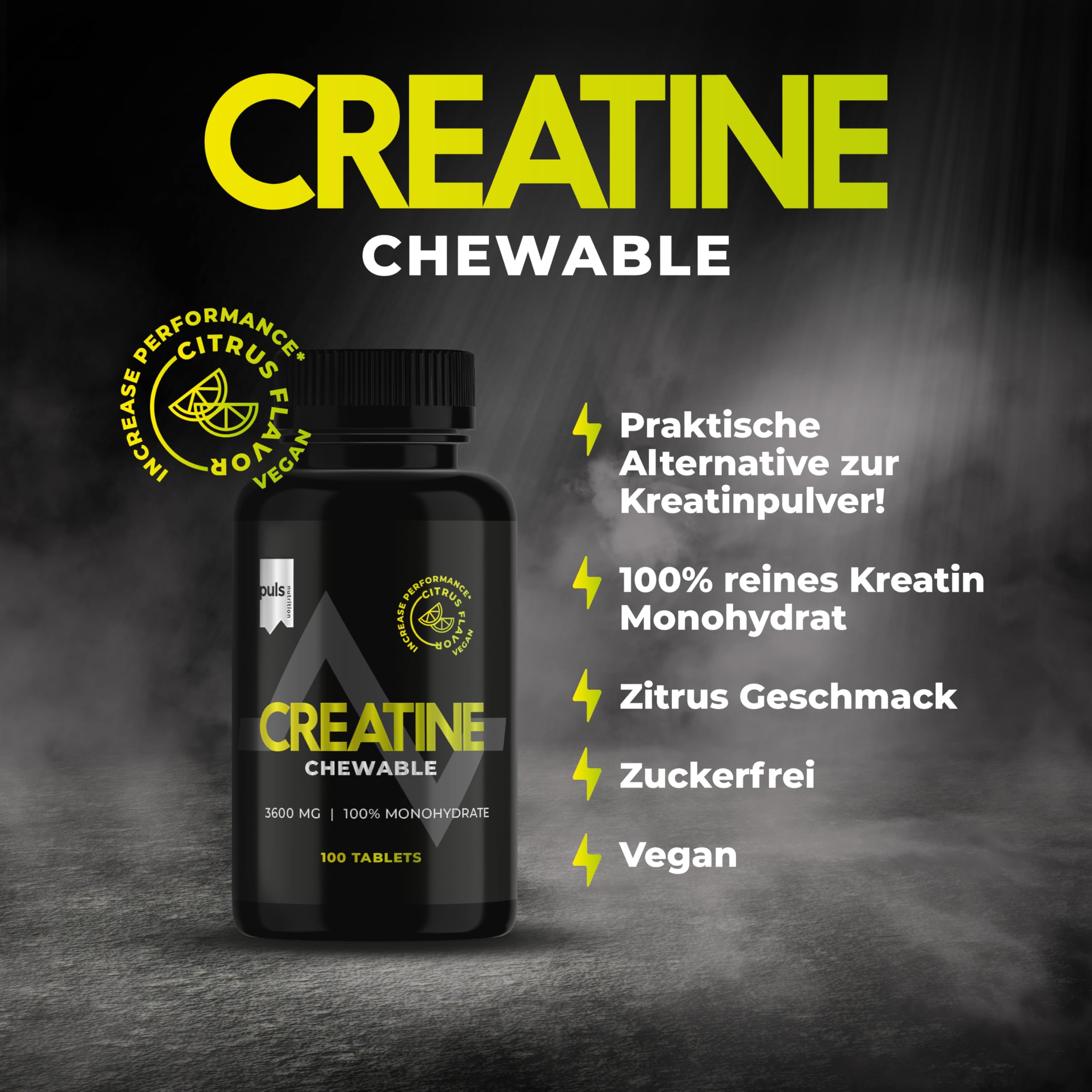 PULS Nutrition Creatine Chewable Citrus — 100 Tablets | 3600mg Creatine Monohydrate, Creapure, Vegan
