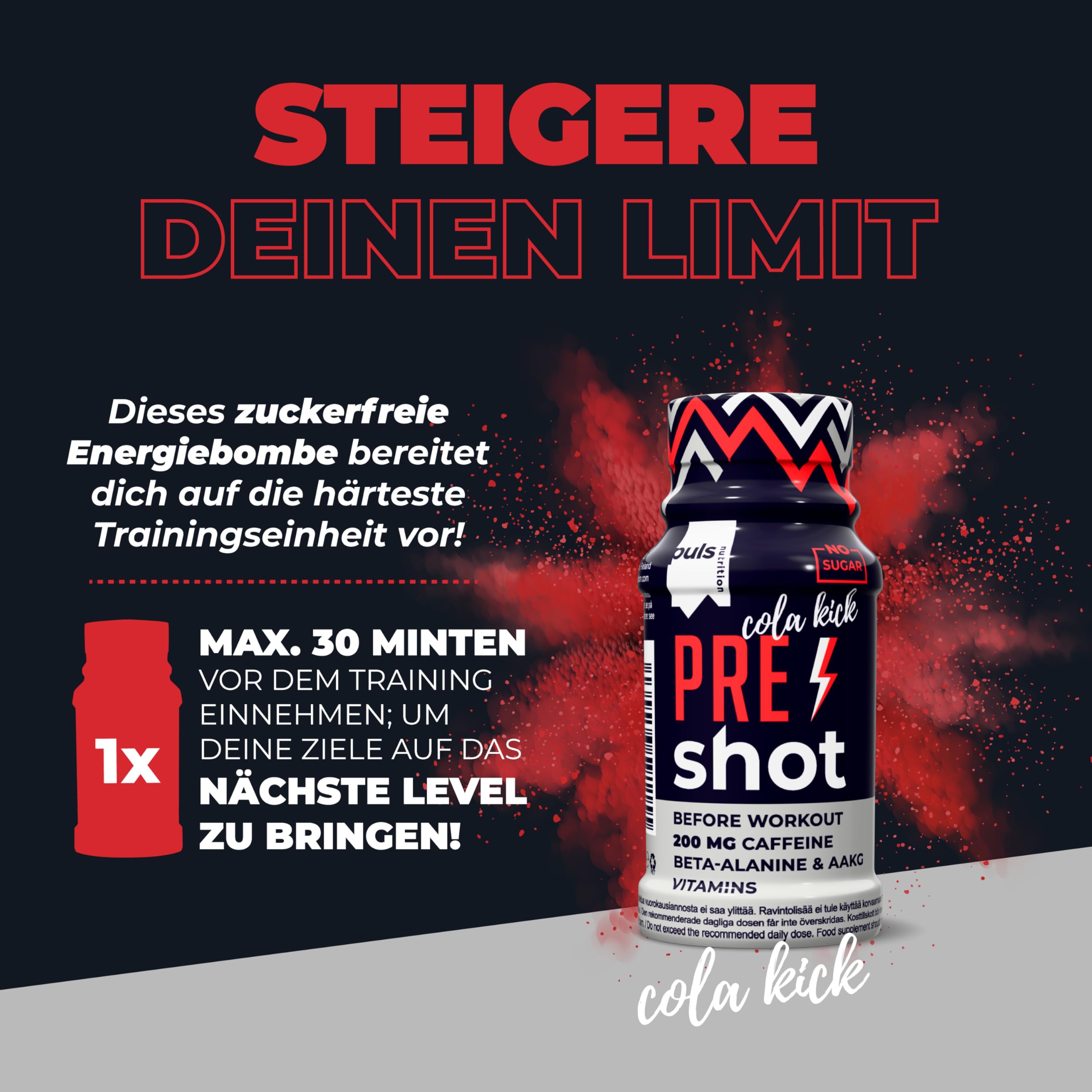 PULS Pre Workout Shot Cola Kick — 12 × 60 ml | 200mg Caffeine, Beta-Alanine, Arginine AKG & B-Vitamins