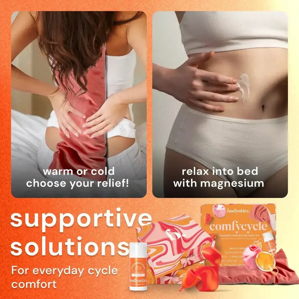 Bodyotics Comfycycle reusable period disc kit with menstrual cups, sterilizer case, thermal pad, and magnesium butter for cycle comfort