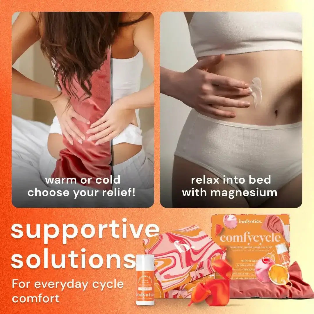 Bodyotics Comfycycle reusable period disc kit with menstrual cups, sterilizer case, thermal pad, and magnesium butter for cycle comfort