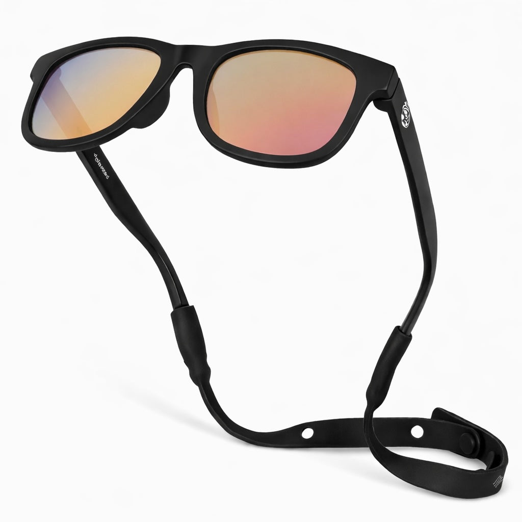 Sunglasses with a black strap on a white background