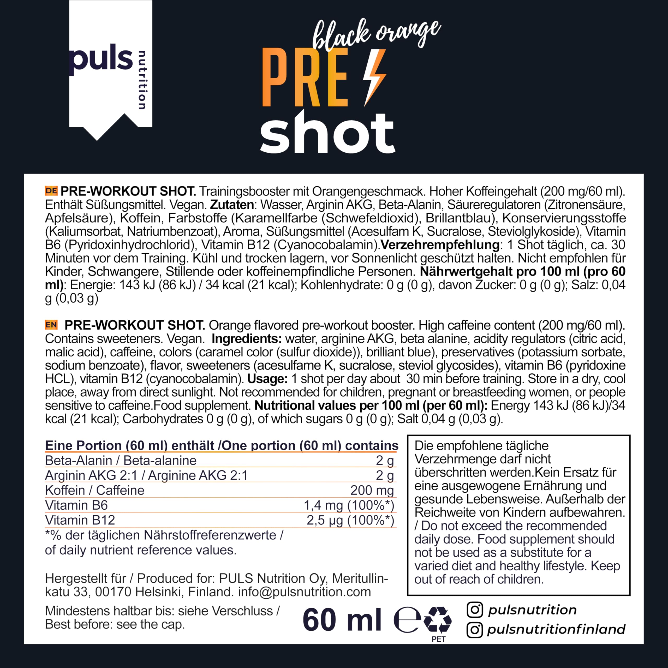 PULS Pre Workout Shot Black Orange — 12 × 60 ml | 200mg Caffeine, Beta-Alanine, Arginine AKG & B-Vitamins