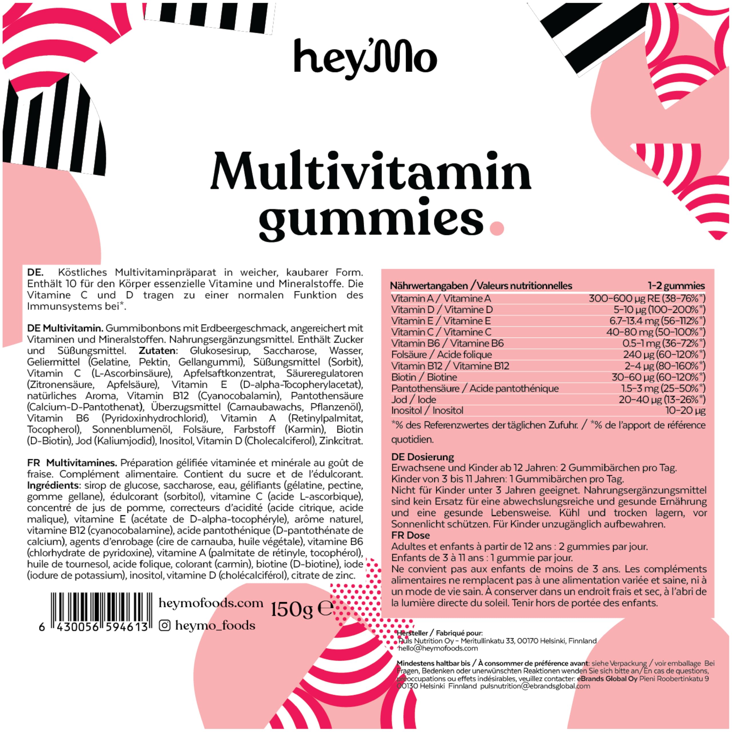 hey'Mo Multivitamin Gummies, Strawberry — 60 Pieces | Vitamin D, C, B12 & Zinc