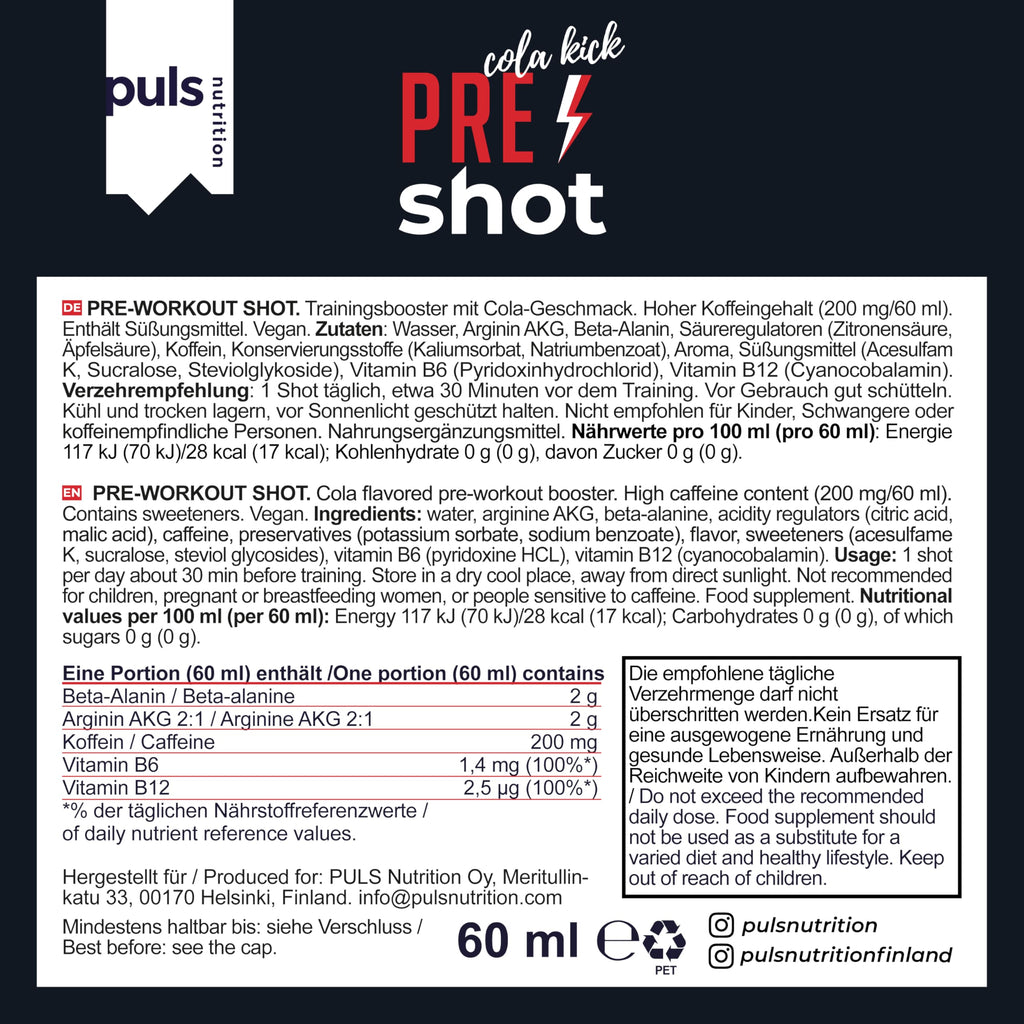 PULS Pre Workout Shot Cola Kick — 12 × 60 ml | 200mg Caffeine, Beta-Alanine, Arginine AKG & B-Vitamins