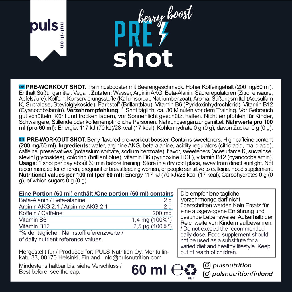 PULS Pre Workout Shot Berry Boost — 12 × 60 ml | 200mg Caffeine, Beta-Alanine, Arginine AKG & B-Vitamins