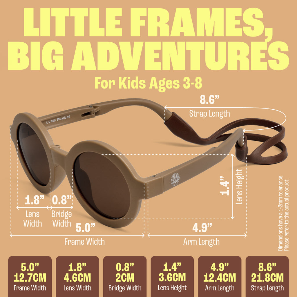 BABY SUNNIES Foldable Round Sunglasses - Brown, 2-8 Years - Unbreakable Design & Kids Sunglasses - Adjustable Strap & Kids Travel Essentials - Durable Bendable Frame & Road Trip Must Haves