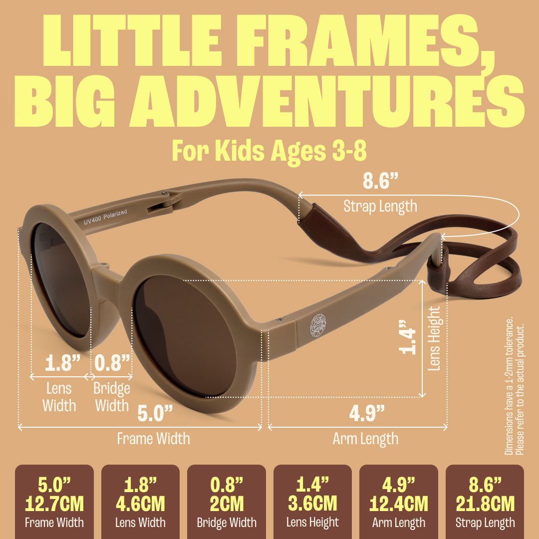 BABY SUNNIES Foldable Round Sunglasses - Brown, 2-8 Years - Unbreakable Design & Kids Sunglasses - Adjustable Strap & Kids Travel Essentials - Durable Bendable Frame & Road Trip Must Haves