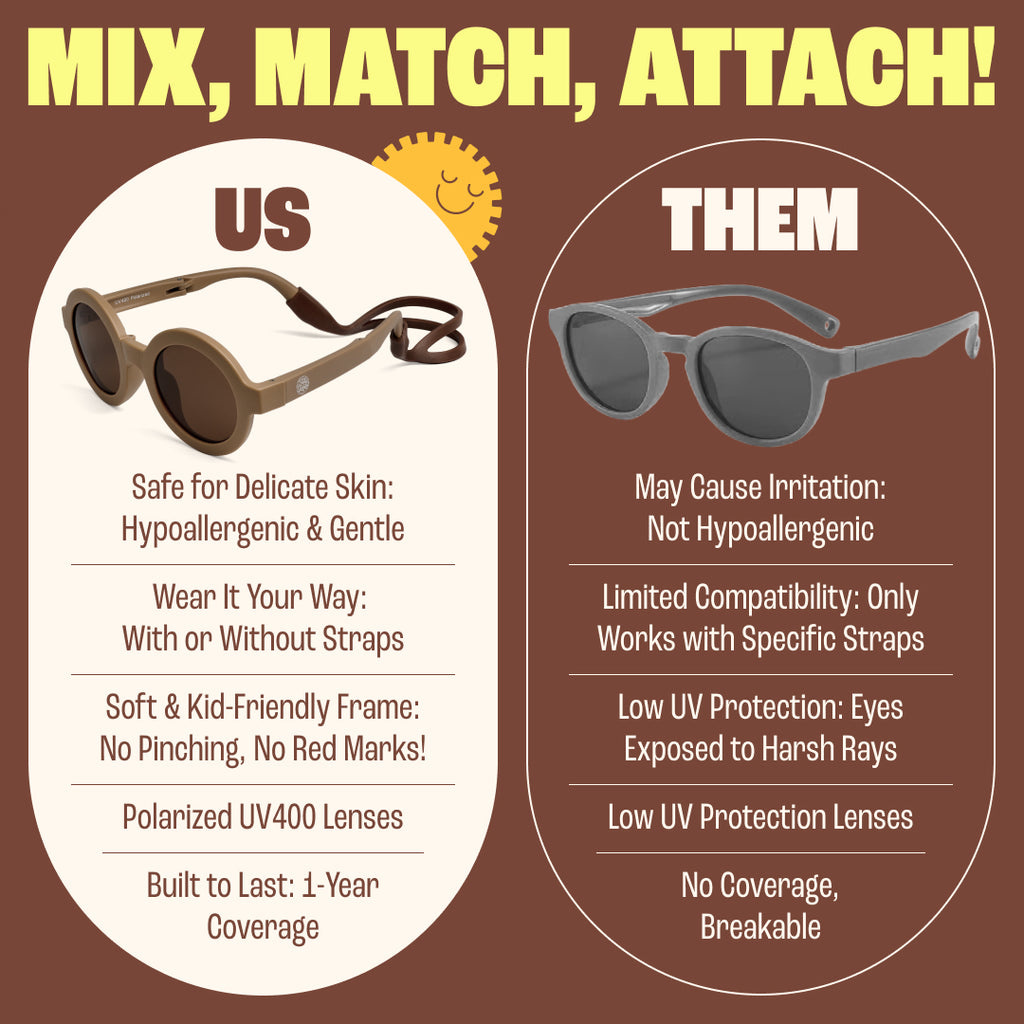 BABY SUNNIES Foldable Round Sunglasses - Brown, 2-8 Years - Unbreakable Design & Kids Sunglasses - Adjustable Strap & Kids Travel Essentials - Durable Bendable Frame & Road Trip Must Haves