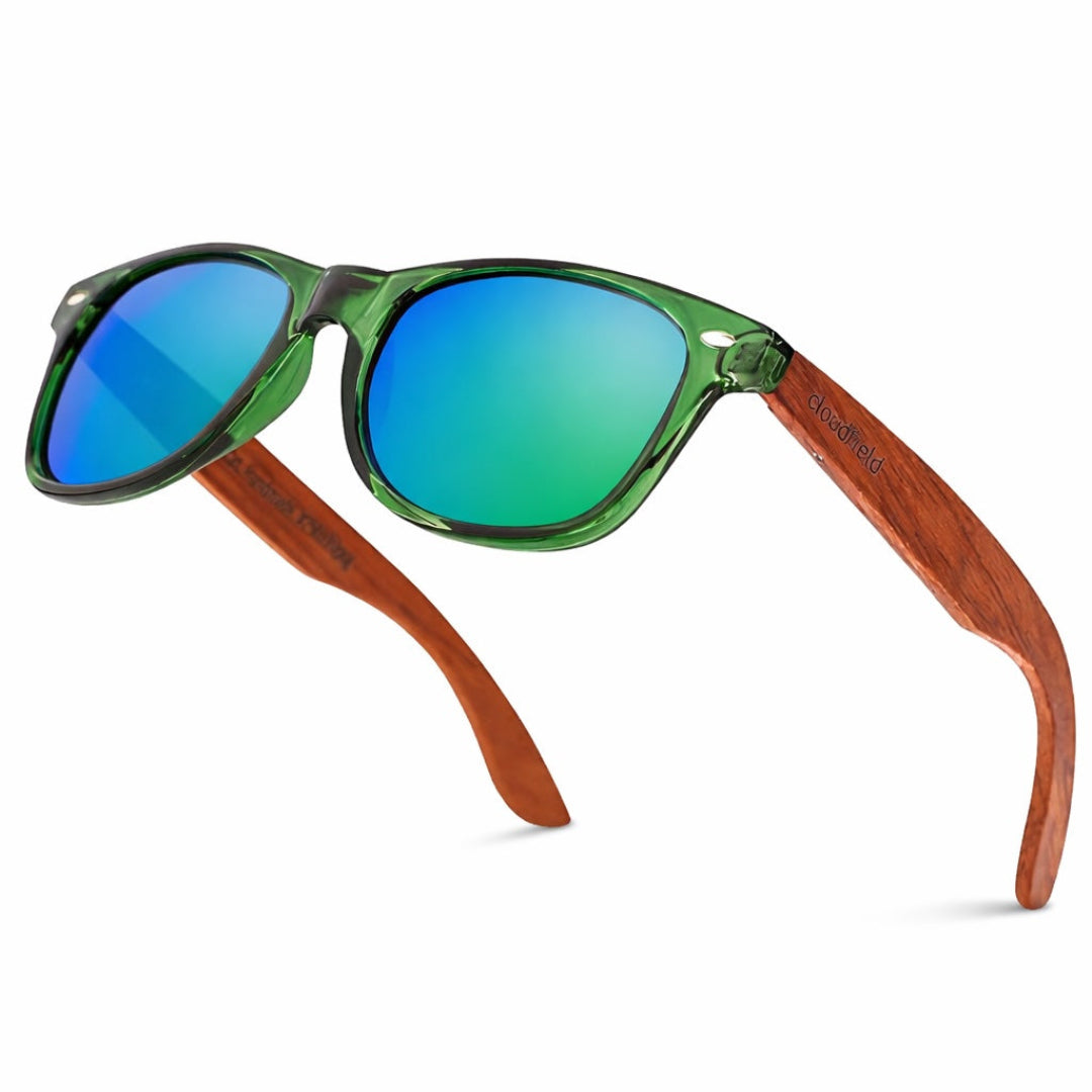 Sunglasses with green reflective lenses and wooden arms on a white background