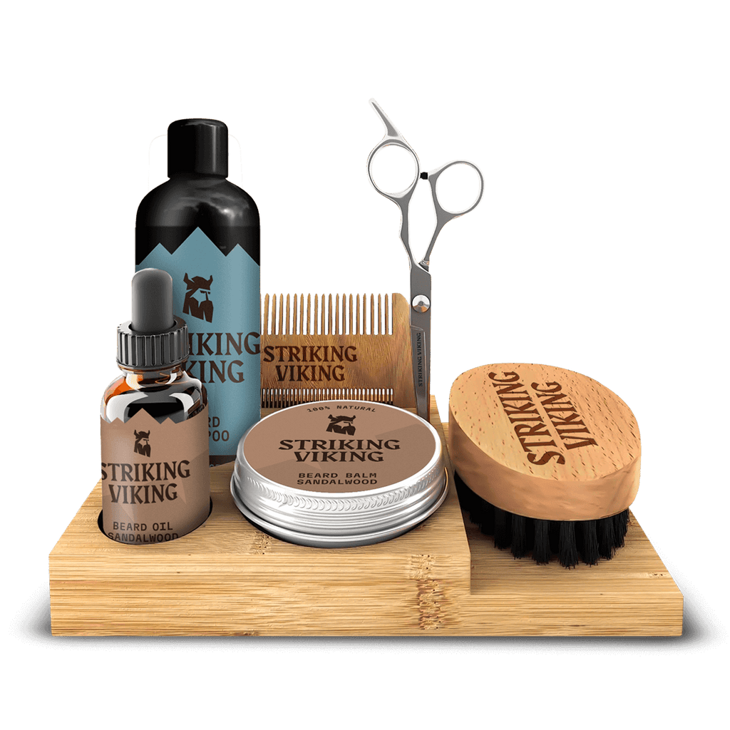 Beard grooming kit with caddy, including beard oil, shampoo, balm, scissors, brush, and comb.