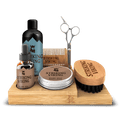Beard grooming kit with caddy, including beard oil, shampoo, balm, scissors, brush, and comb.