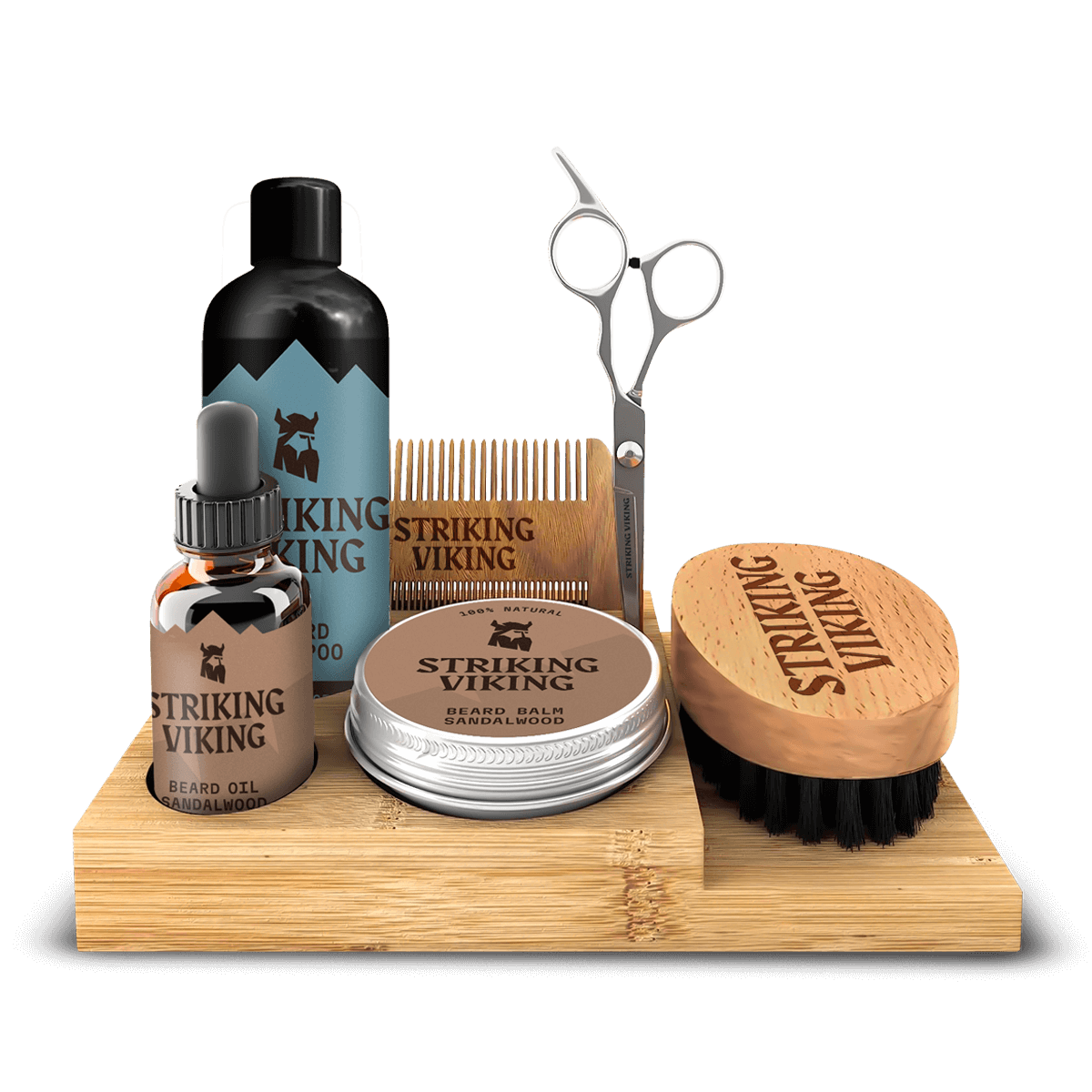 Beard grooming kit with caddy, including beard oil, shampoo, balm, scissors, brush, and comb.