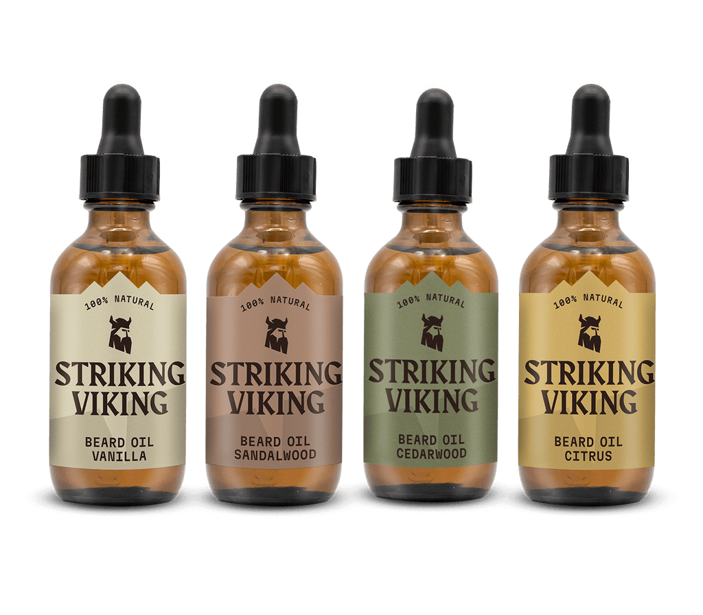 Beard Oil Variety 4 Pack Set featuring Vanilla, Sandalwood, Cedarwood, and Citrus scents in dropper bottles.