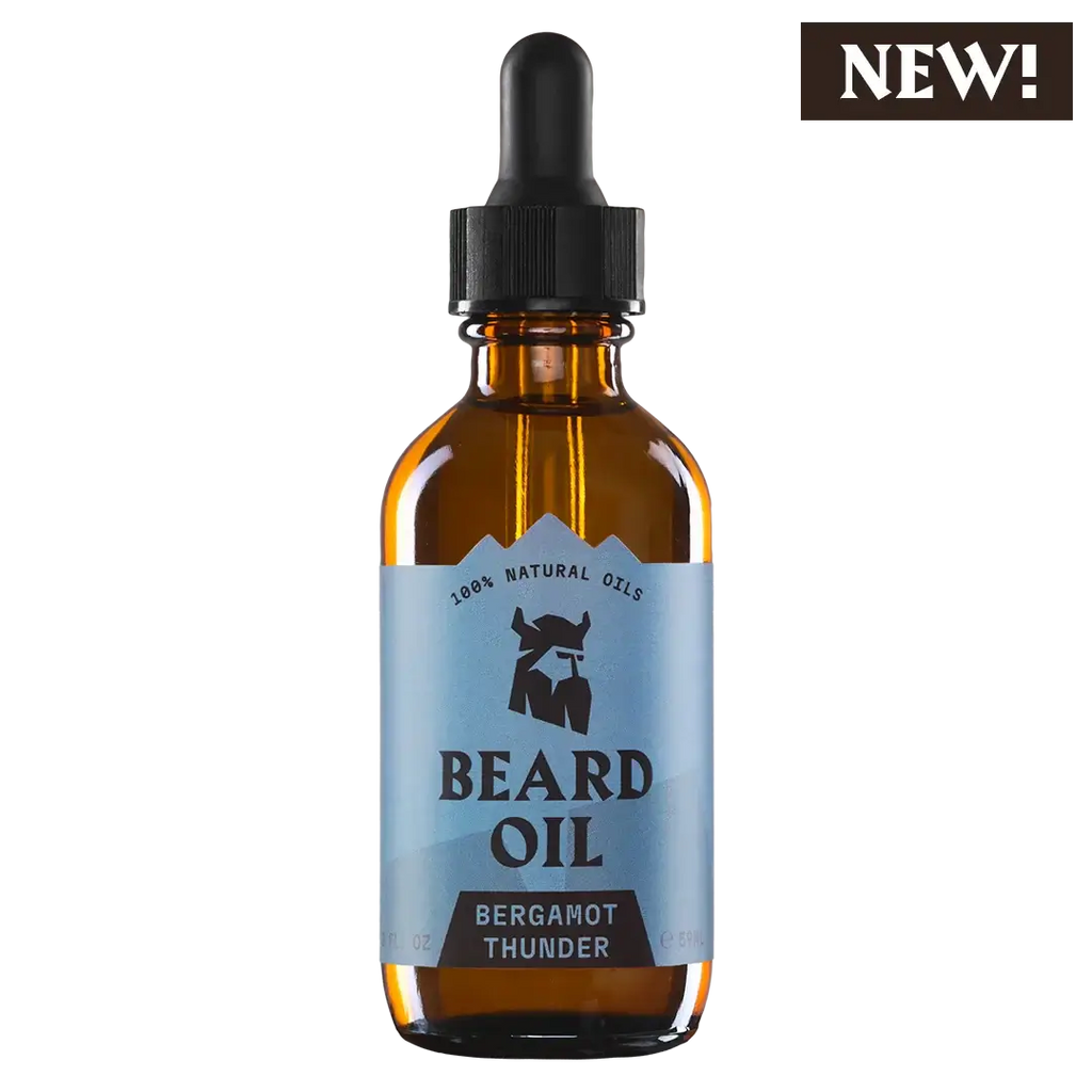 Beard Oil Bergamot Thunder in amber dropper bottle with blue label, natural organic ingredients for healthy soft beard care